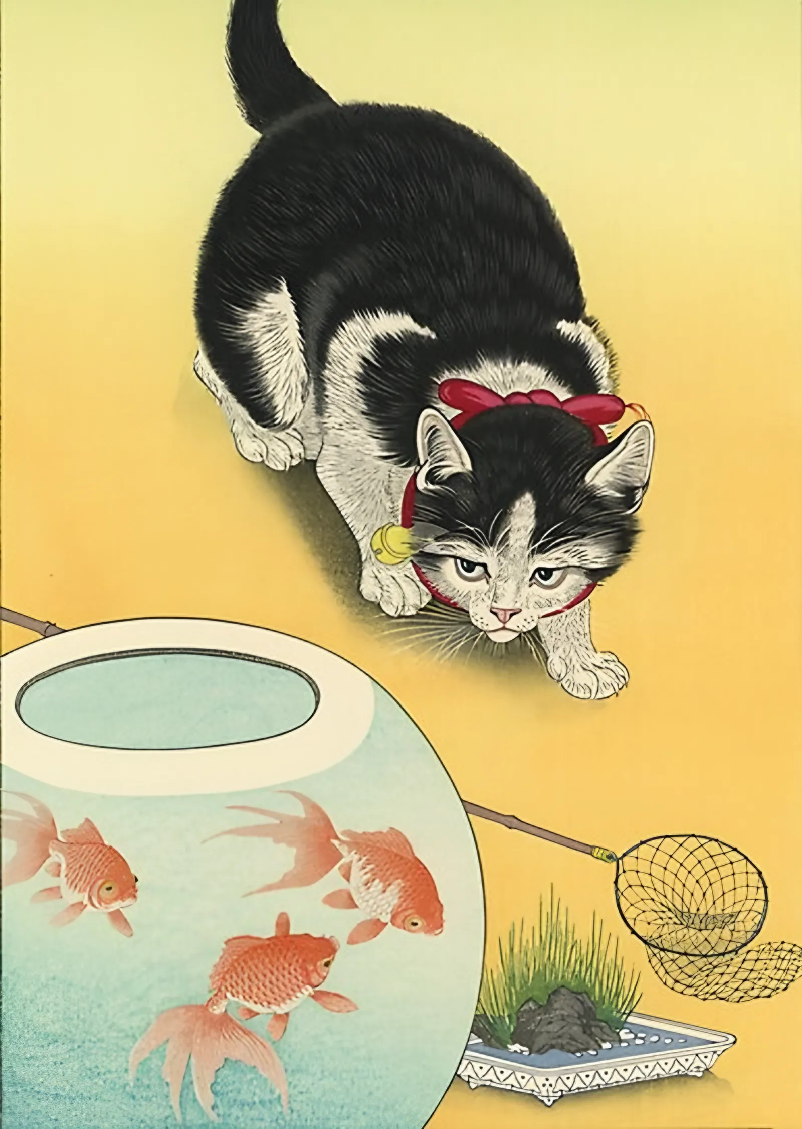 Kedi ve Japon Balığı Kâsesi - Japon Ağaç Baskı metal tablo