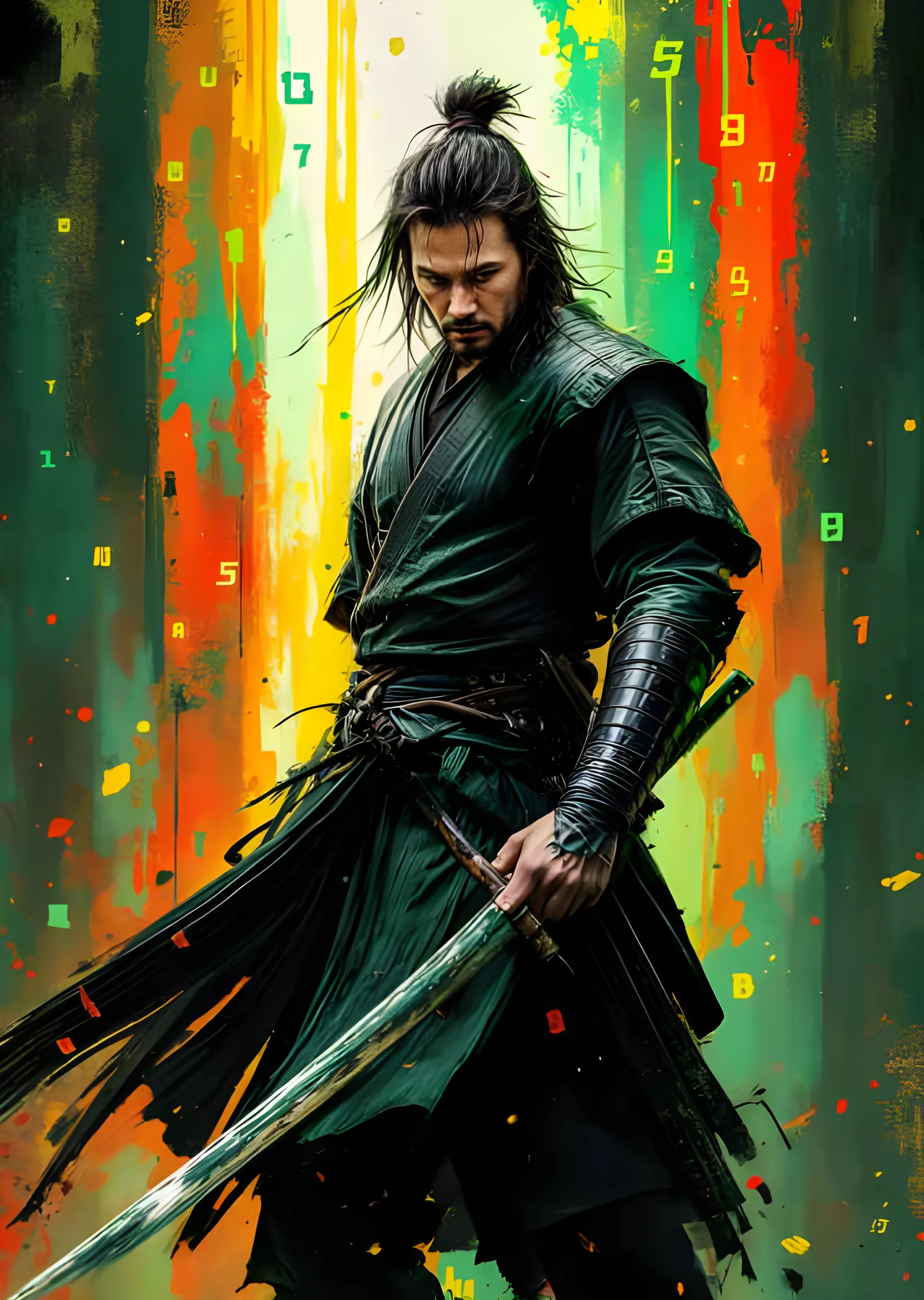 Keanu Reeves - Yeşil Zeminde Samuray Duruşu metal tablo