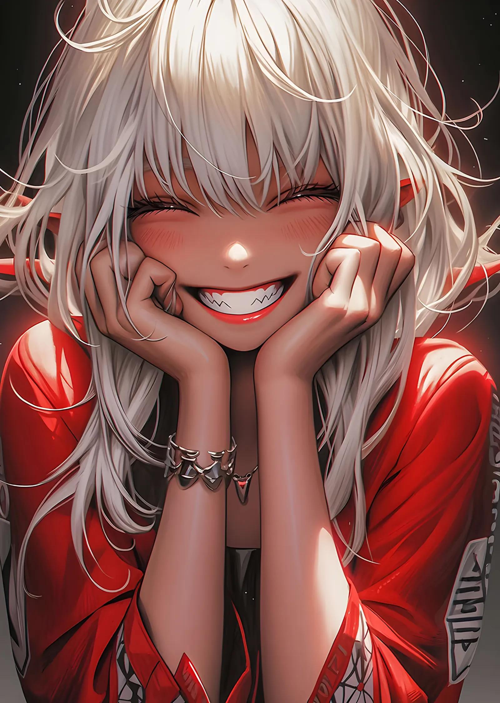 Kızıl Ceketli Gülümseyen Anime Kız metal tablo