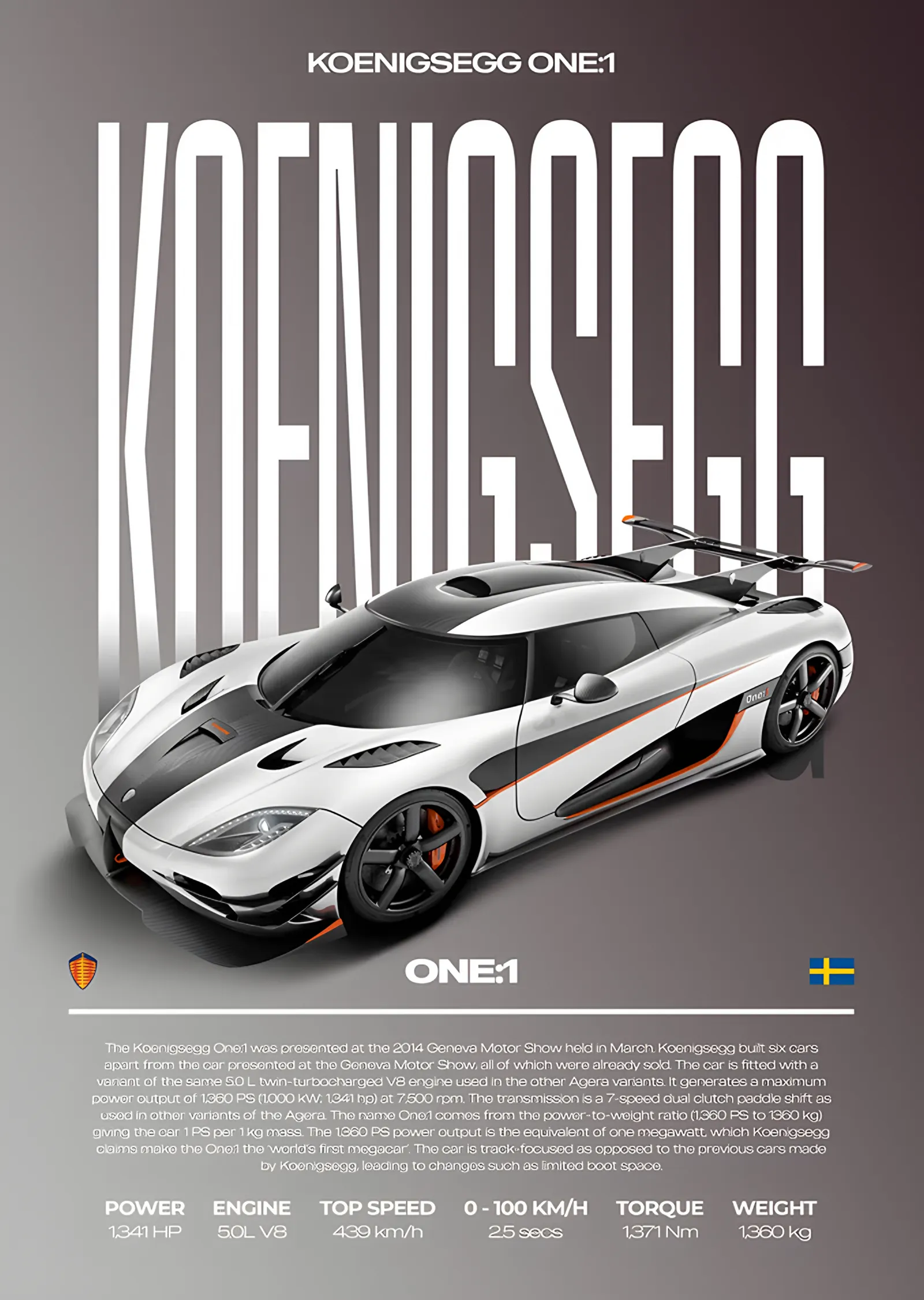Koenigsegg One:1: Gri Zeminde Teknik Afiş metal tablo
