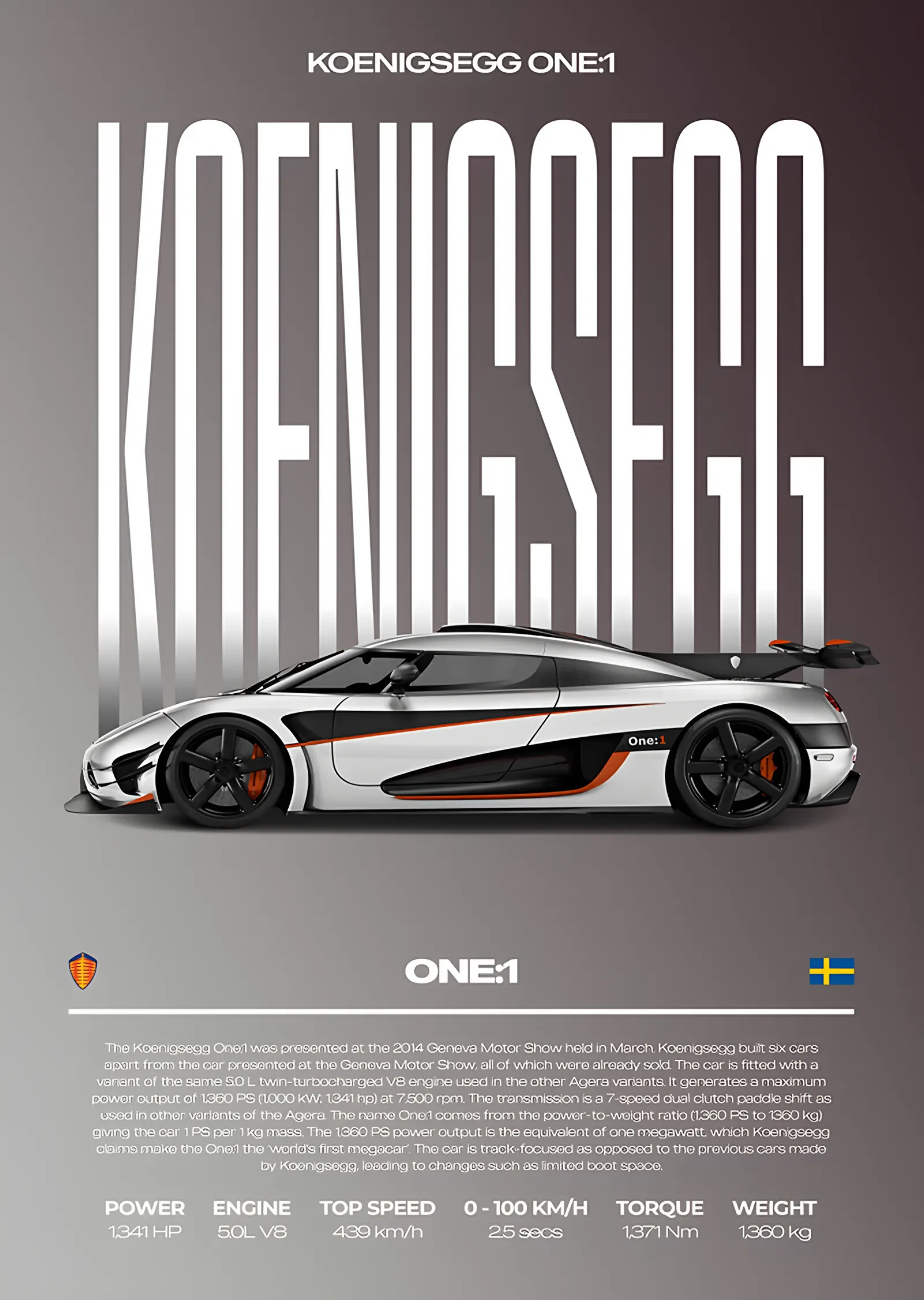 Koenigsegg One:1: Krem Zeminde Beyaz Hiper Otomobil metal tablo