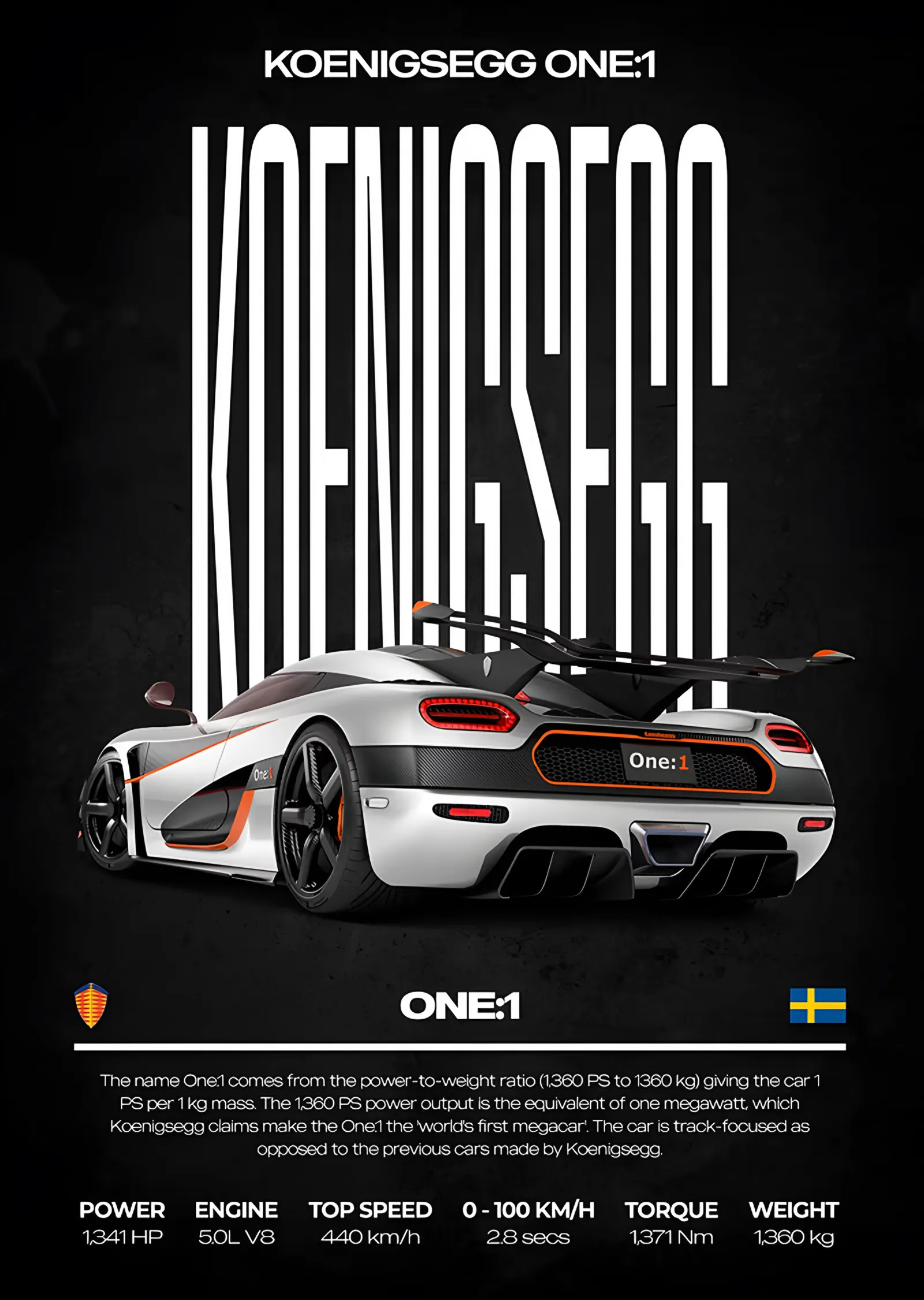 Koenigsegg One:1: Teknik Bilgi Afişi metal tablo