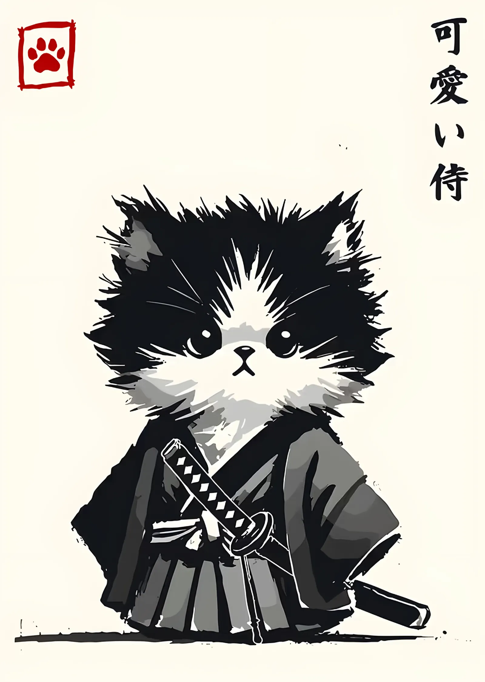 Krem Zeminde Kimono Giymiş Samuray Kedi metal tablo