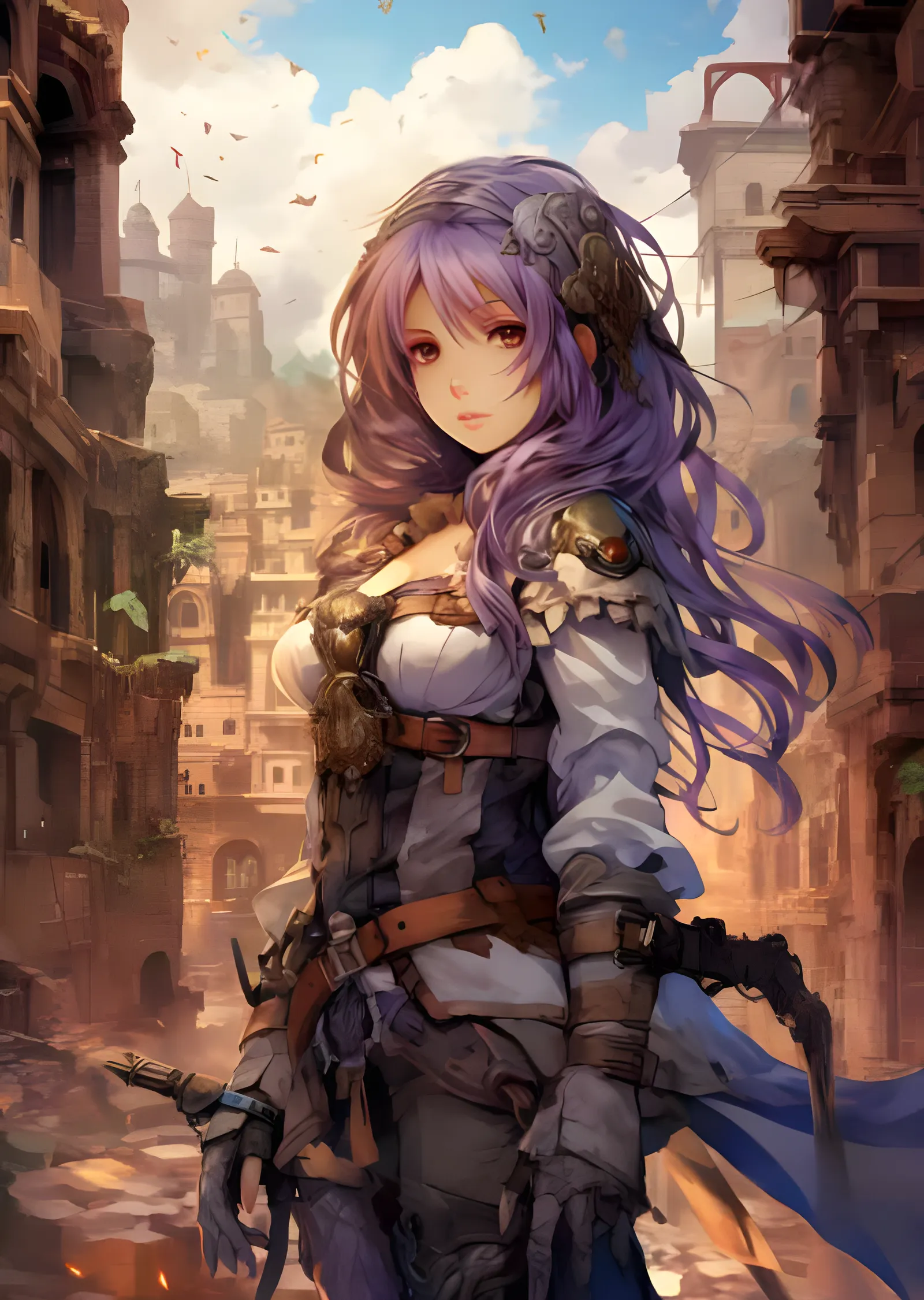 Mor Saçlı Anime Savaşçı - Antik Şehir metal tablo