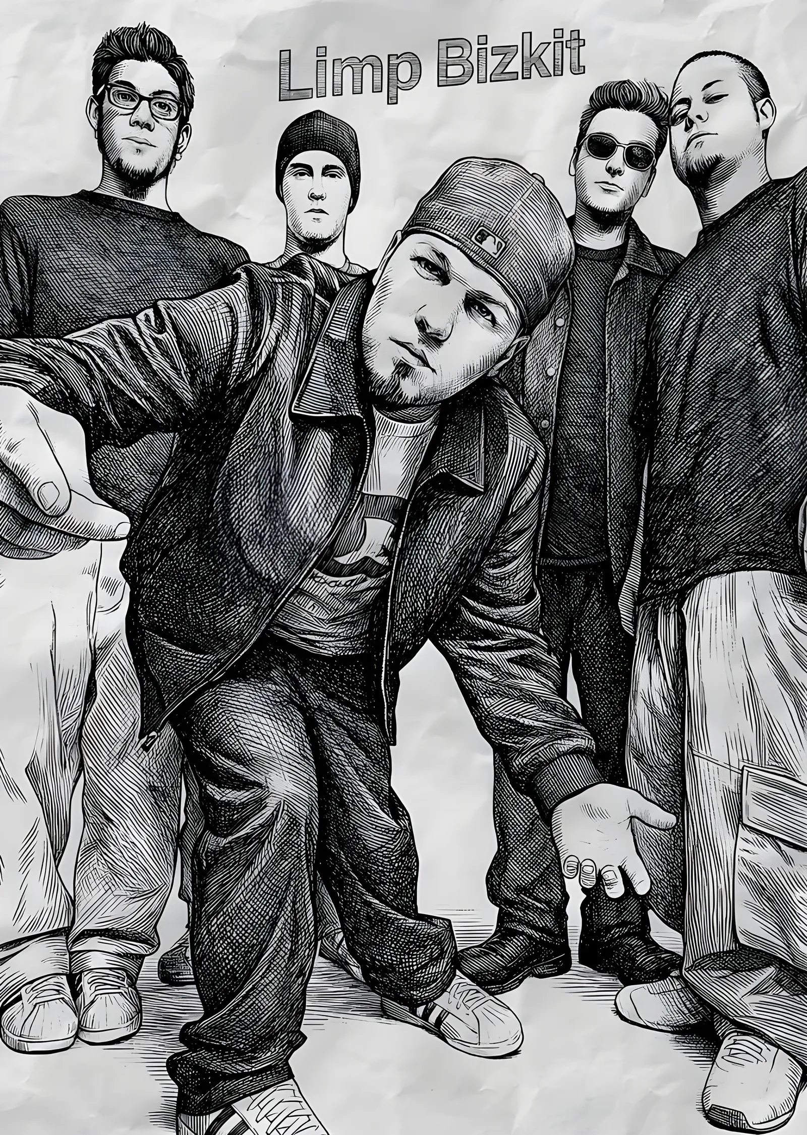 Limp Bizkit: Kalem Çizimi Grup Portresi metal tablo