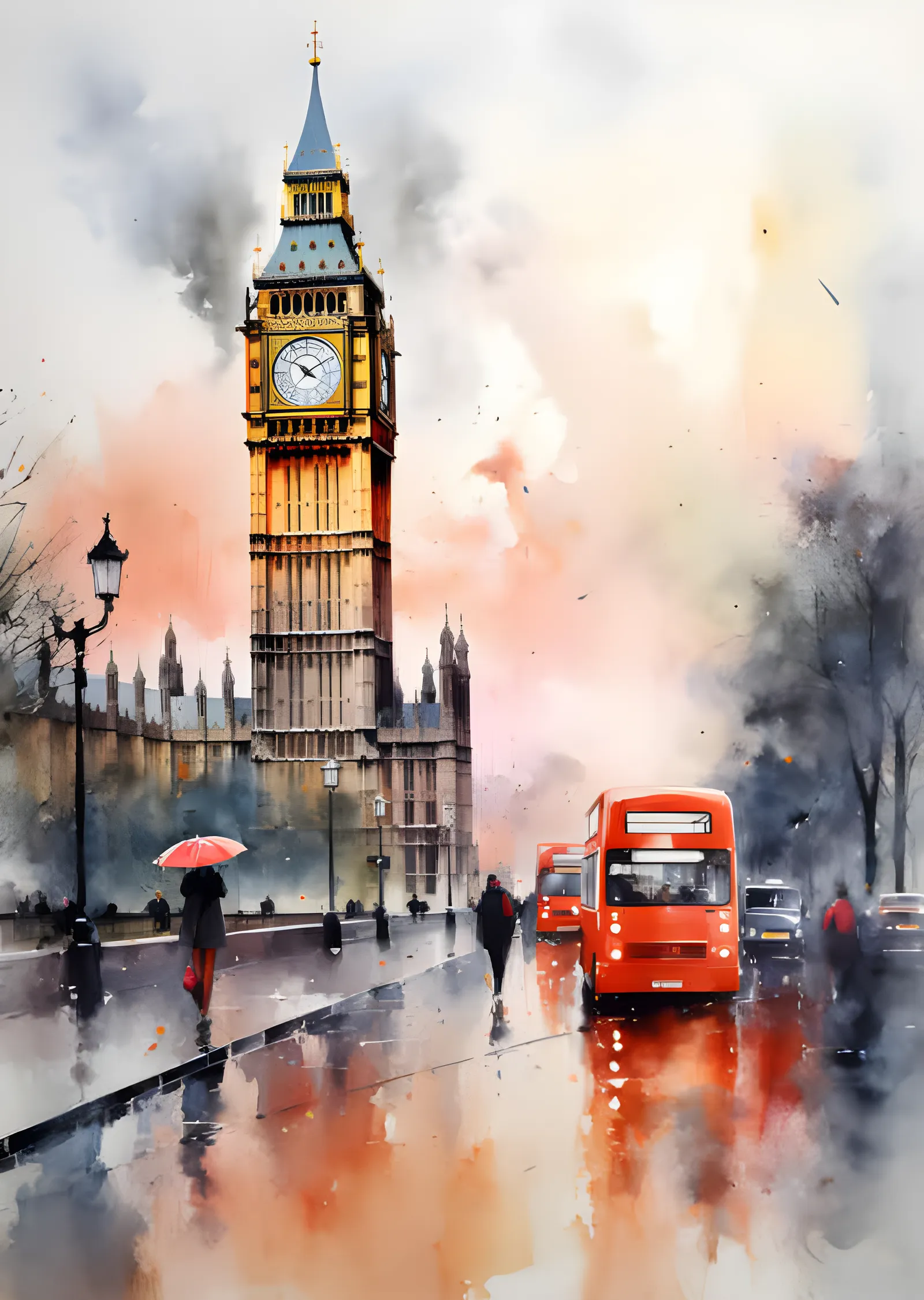 Big Ben ve Kırmızı Otobüs - Suluboya Londra metal tablo