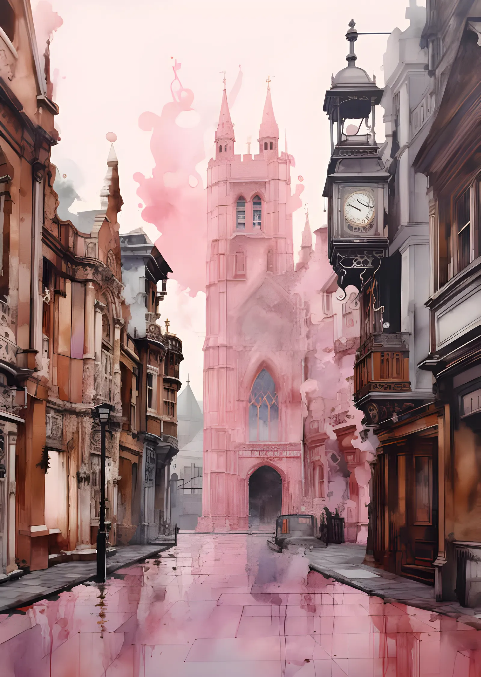 Londra Sokağı - Pembe Suluboya Çan Kulesi metal tablo