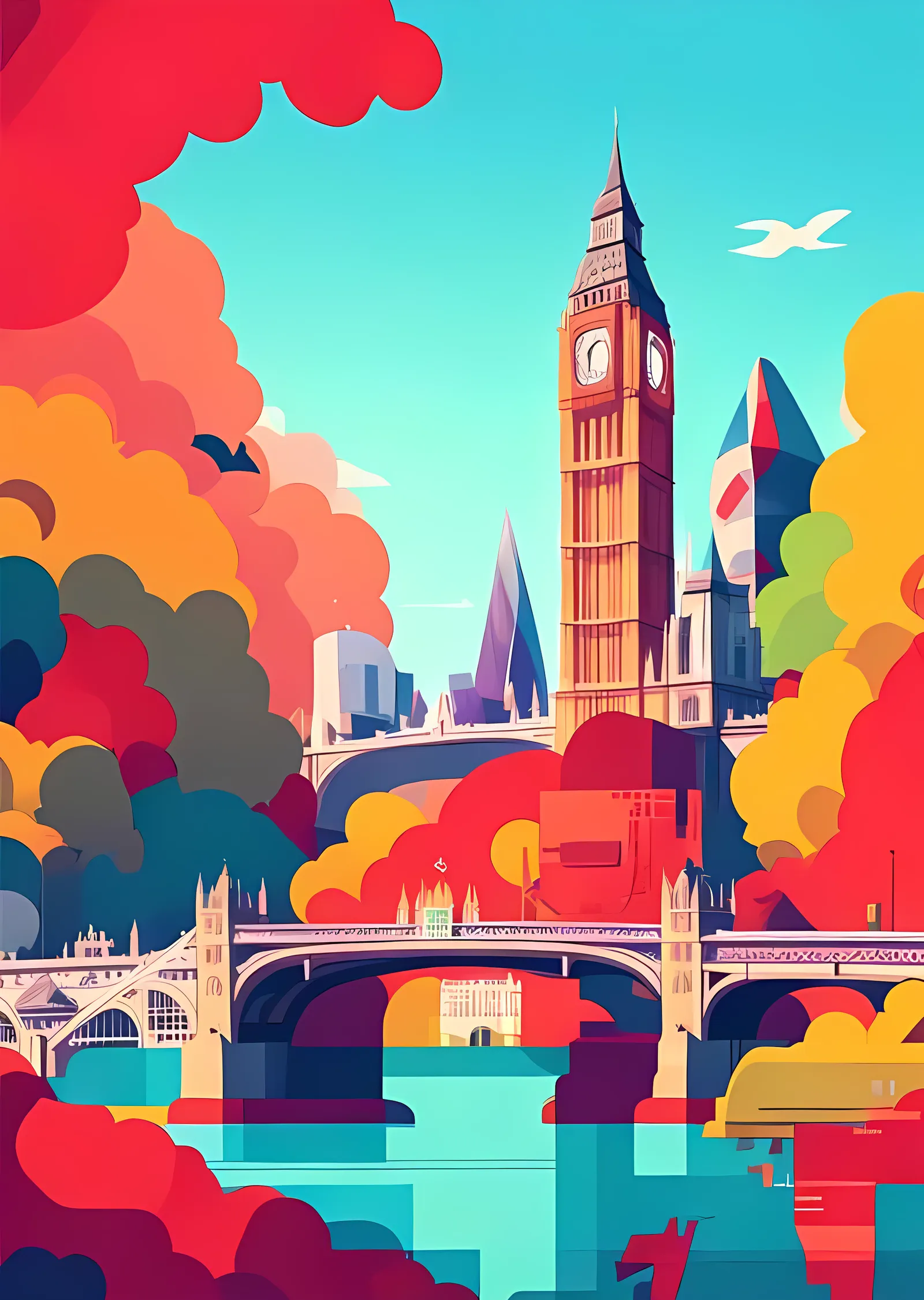 Big Ben ve Thames - Renkli Düz Tasarım metal tablo