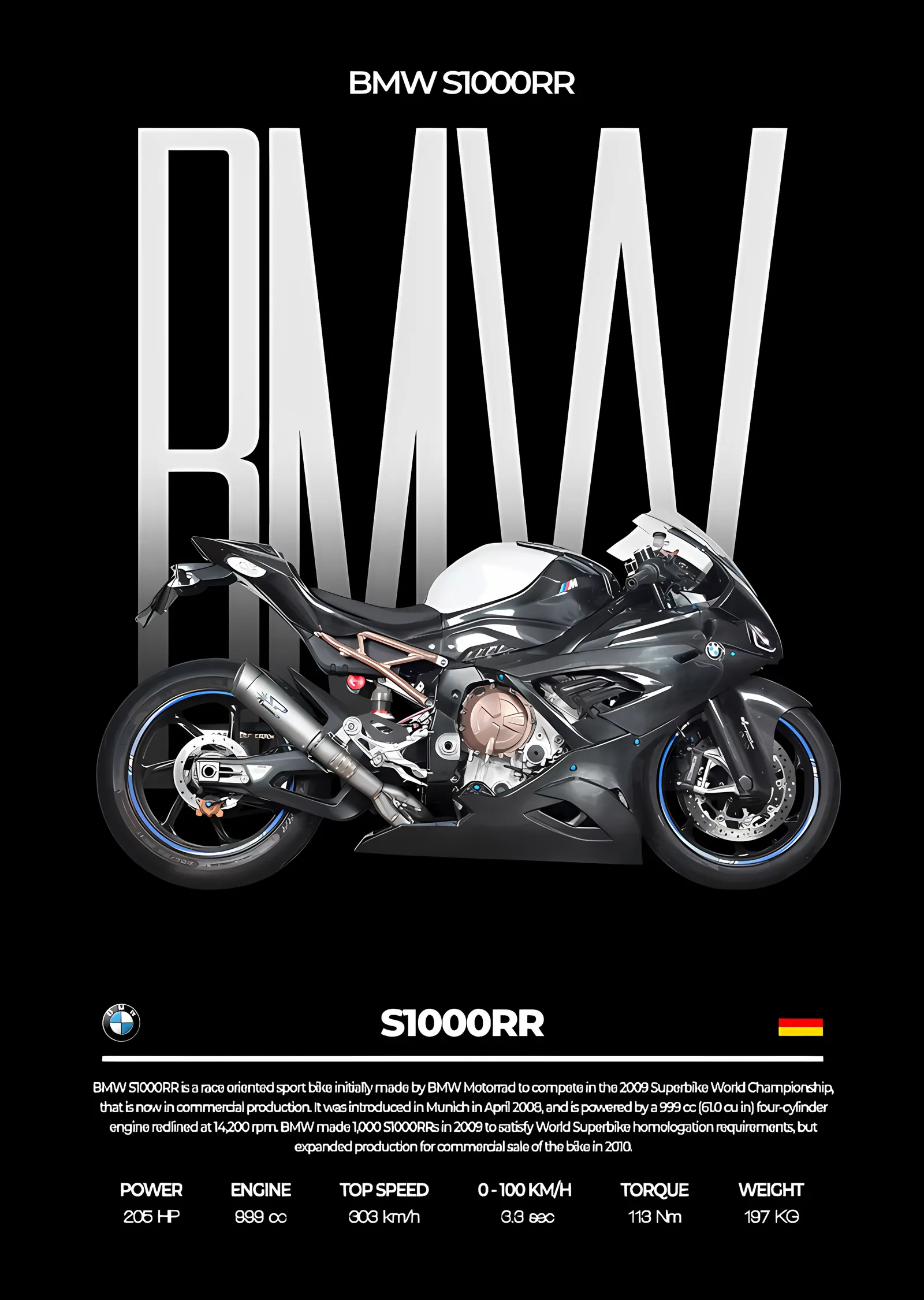 BMW S1000RR - Siyah Gövde Afişi metal tablo
