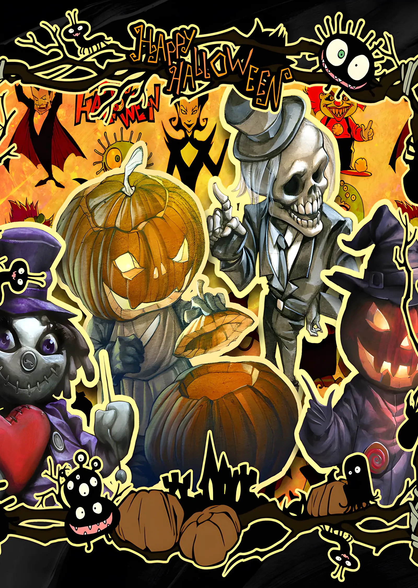 Happy Halloween - Kabak ve İskelet Kolajı metal tablo