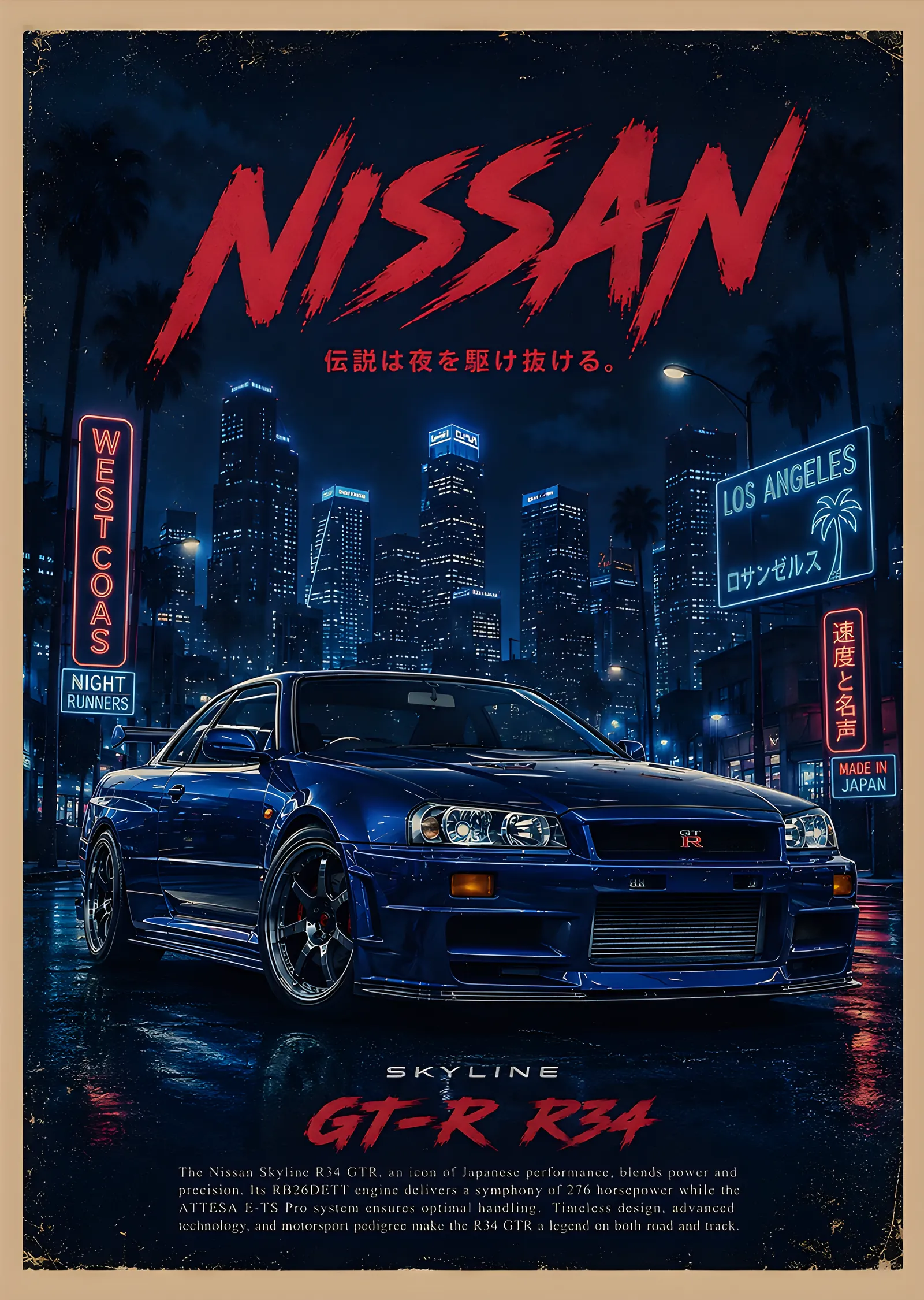 Nissan Skyline GT-R R34: Japon Şehir Afişi metal tablo