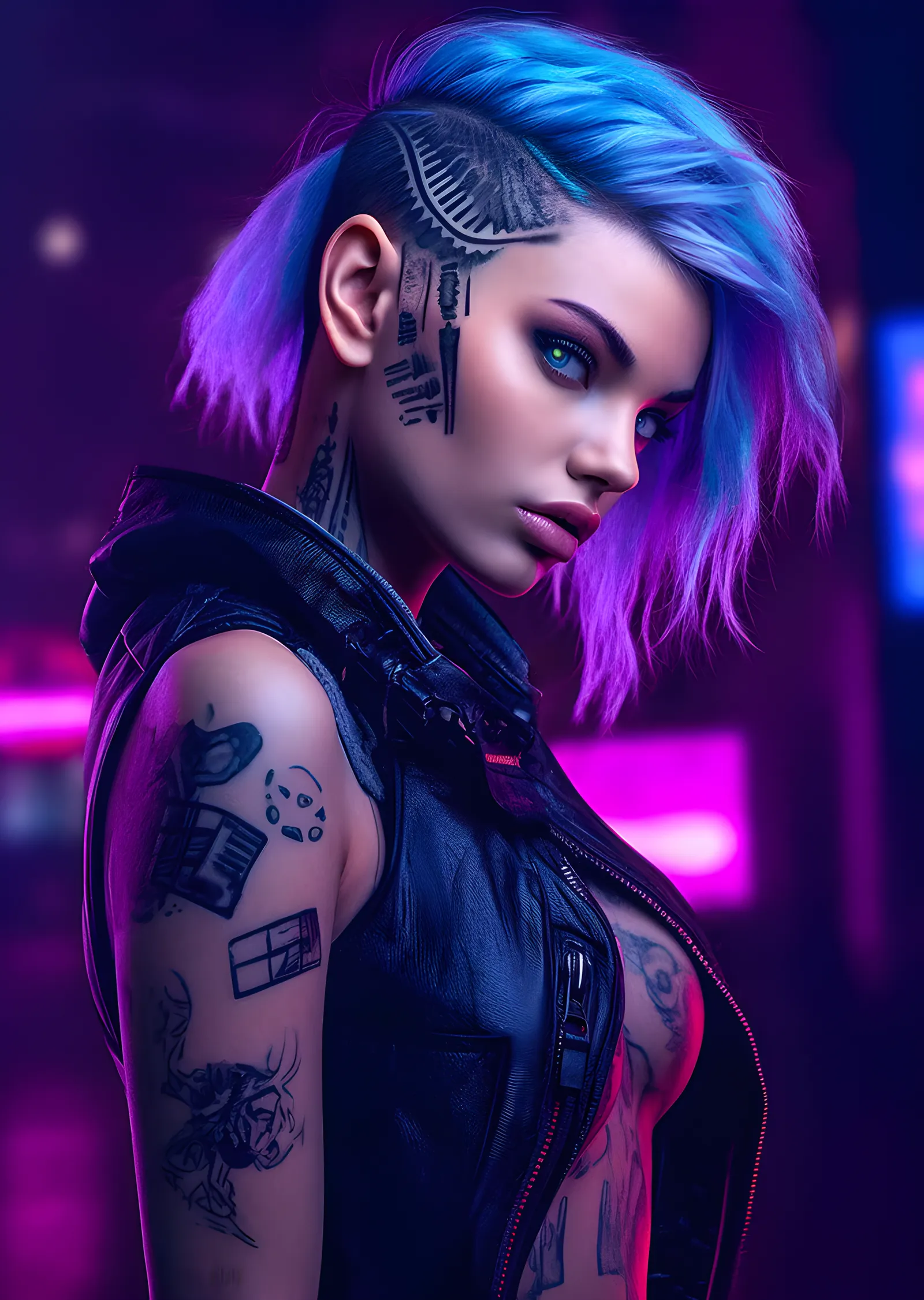 Neon Işıkta Dövmeli Siberpunk Portre metal tablo