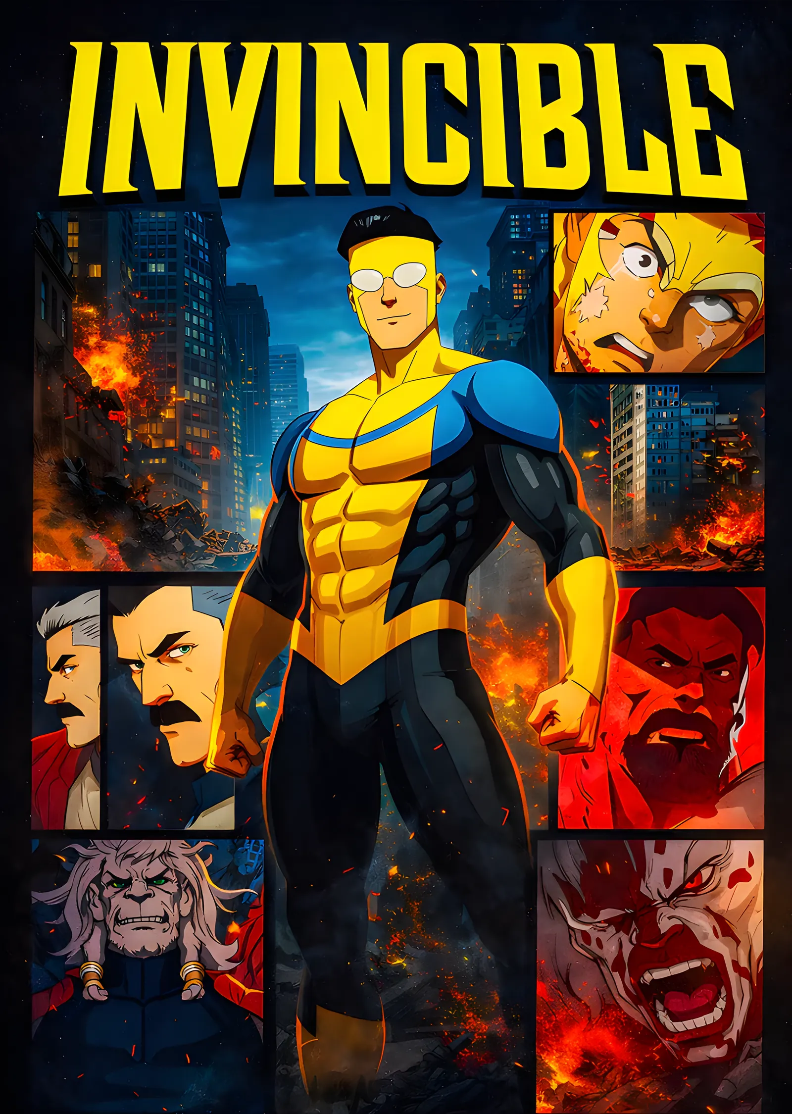 Invincible - Yanan Şehir Kolajı metal tablo