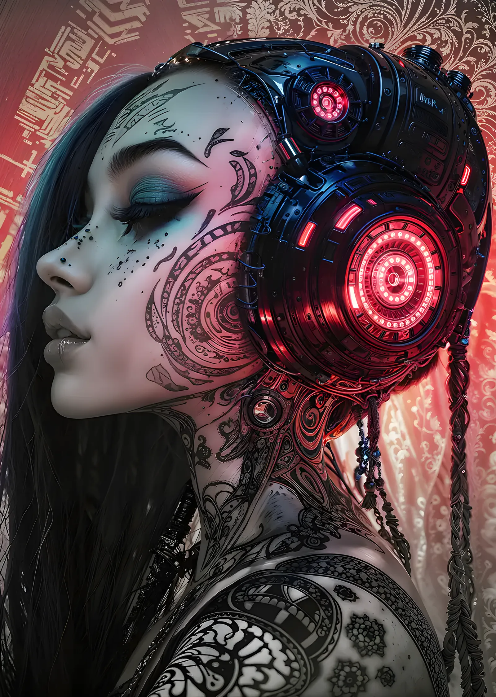 Neon Kulaklıklı Mekanik Portre metal tablo