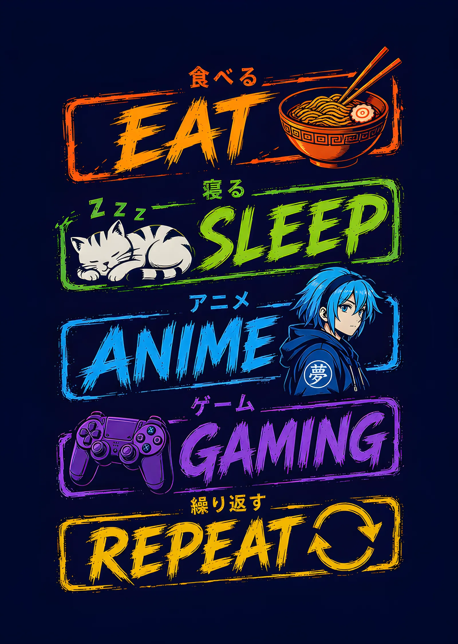 Eat Sleep Anime Gaming Repeat: Lacivert Zemin metal tablo