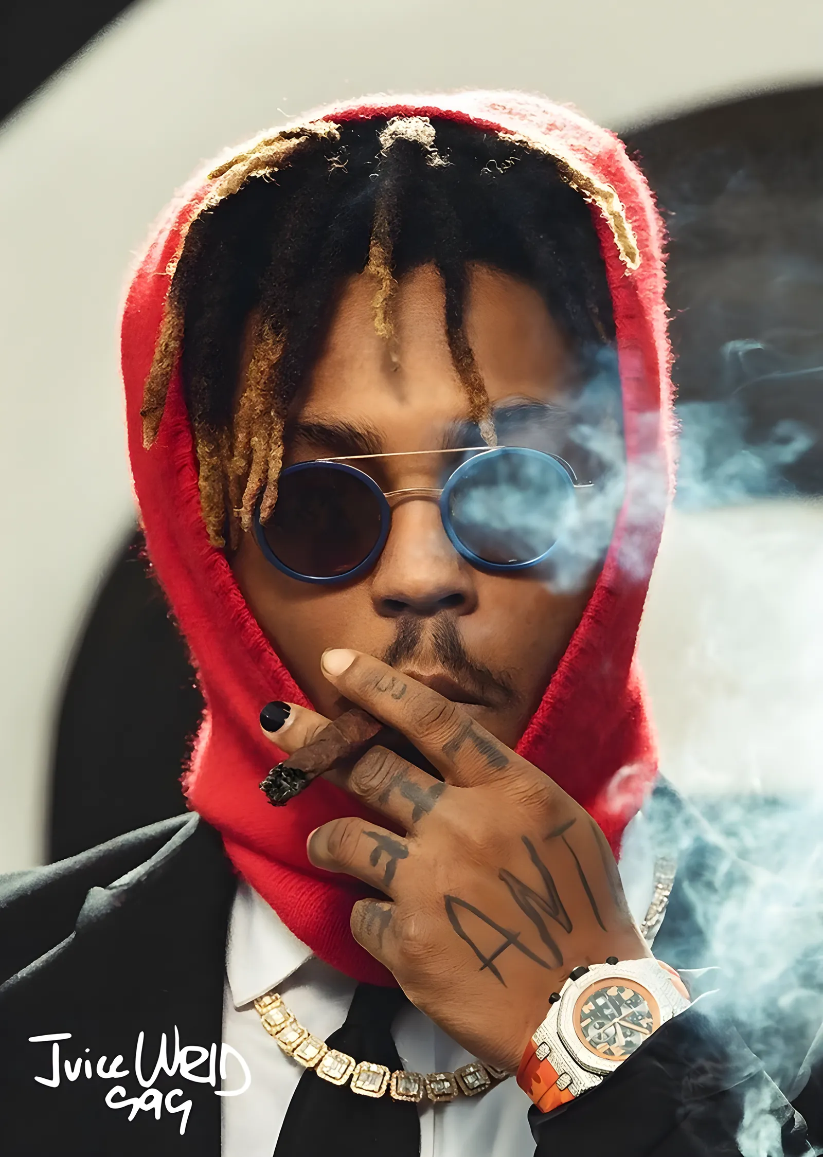 Juice WRLD - Kırmızı Kapüşon ve Yuvarlak Gözlük metal tablo