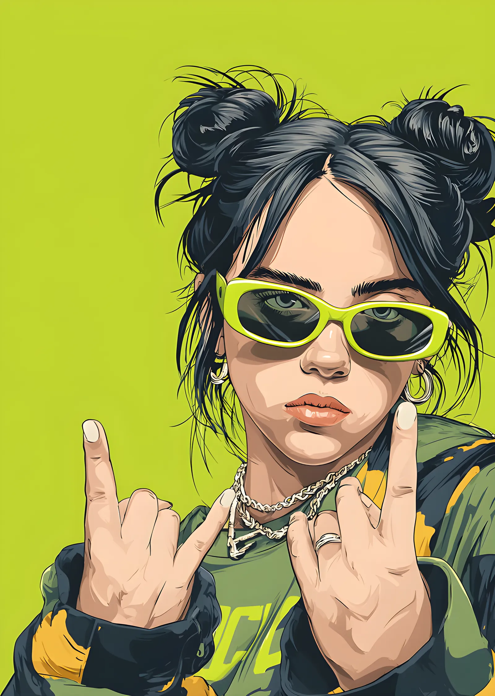 Billie Eilish - Yeşil Zeminde İllüstrasyon metal tablo