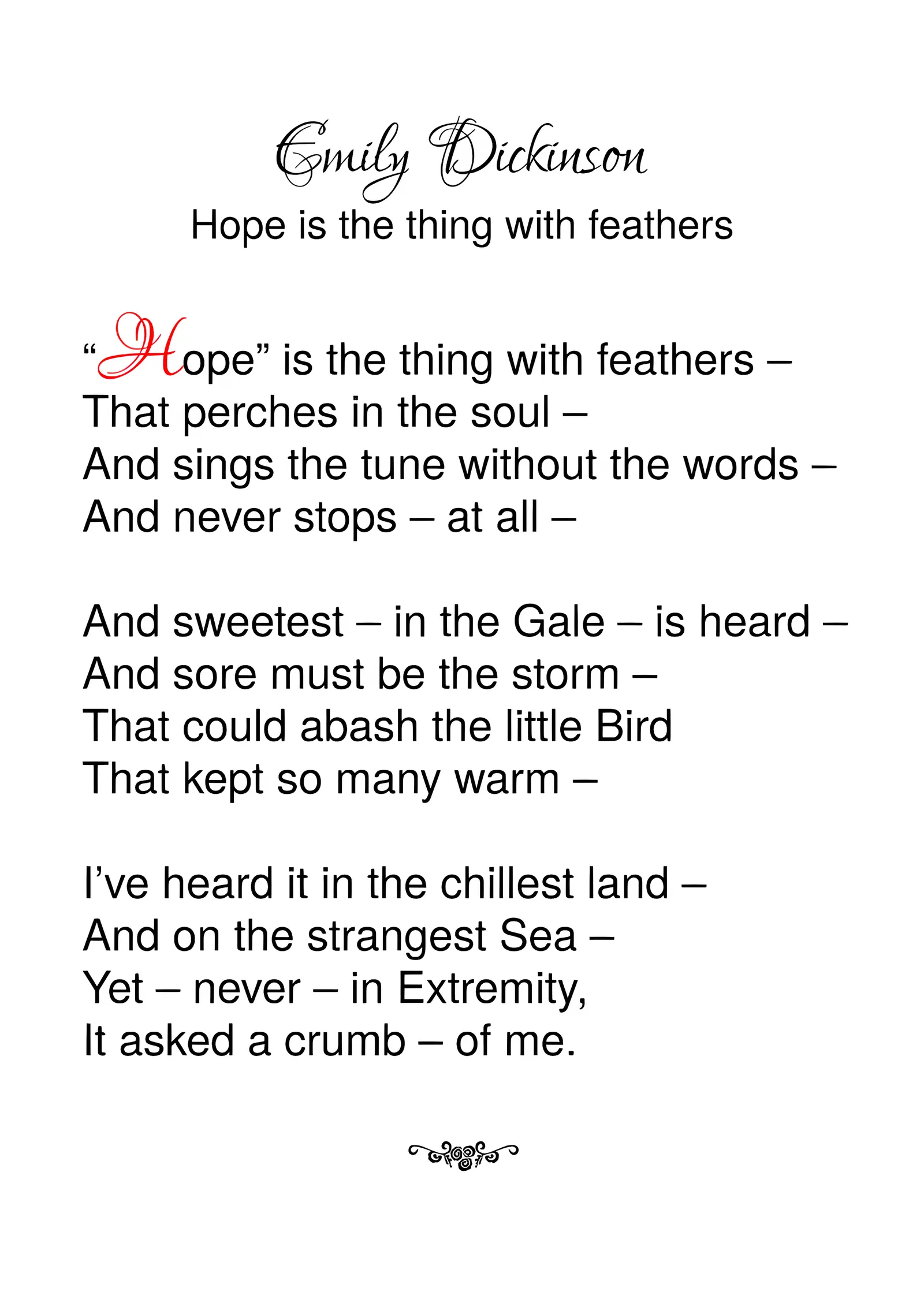 Emily Dickinson - Hope Is the Thing with Feathers metal tablo