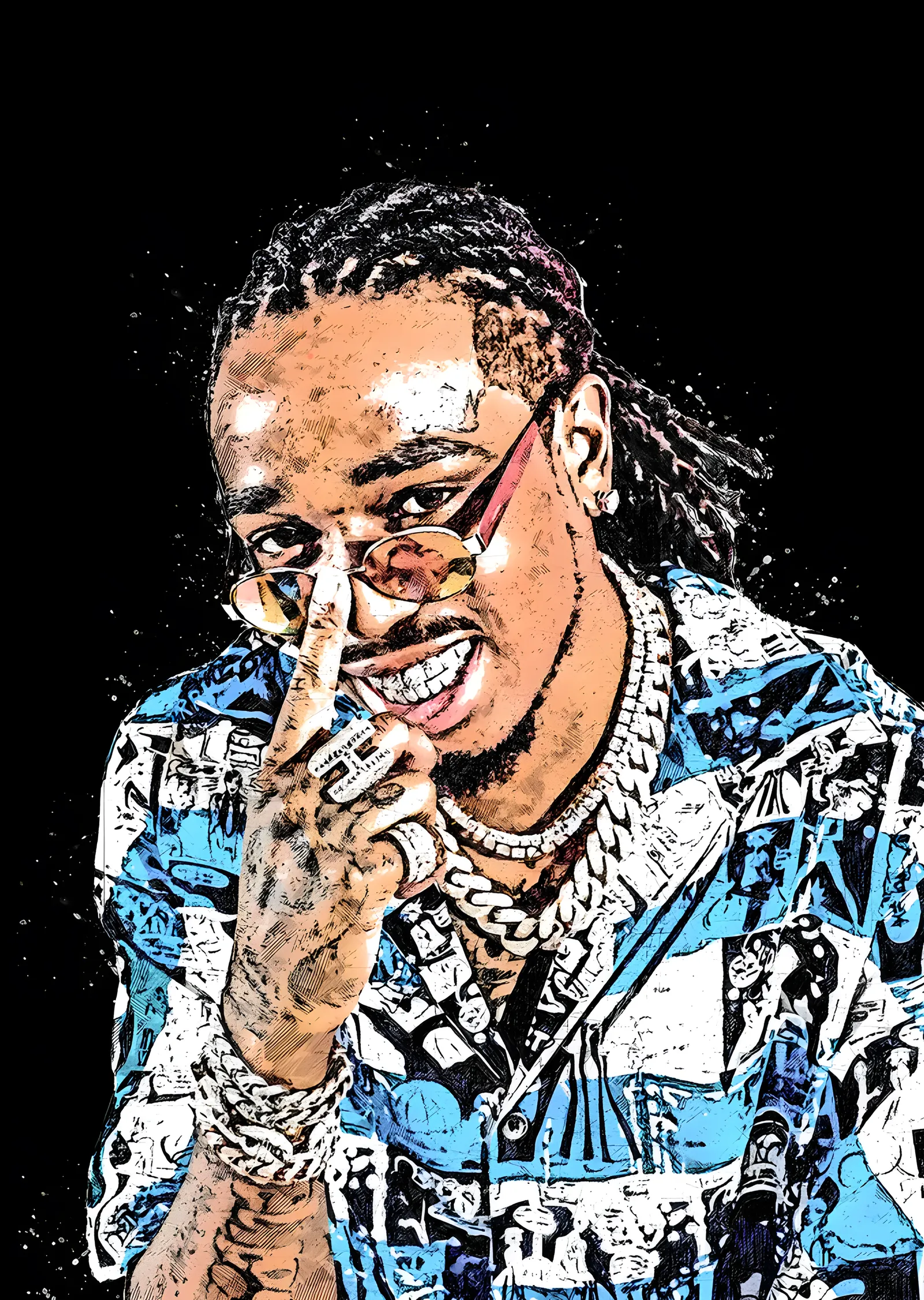 Migos - Mavi Desenli Ceket Portresi metal tablo