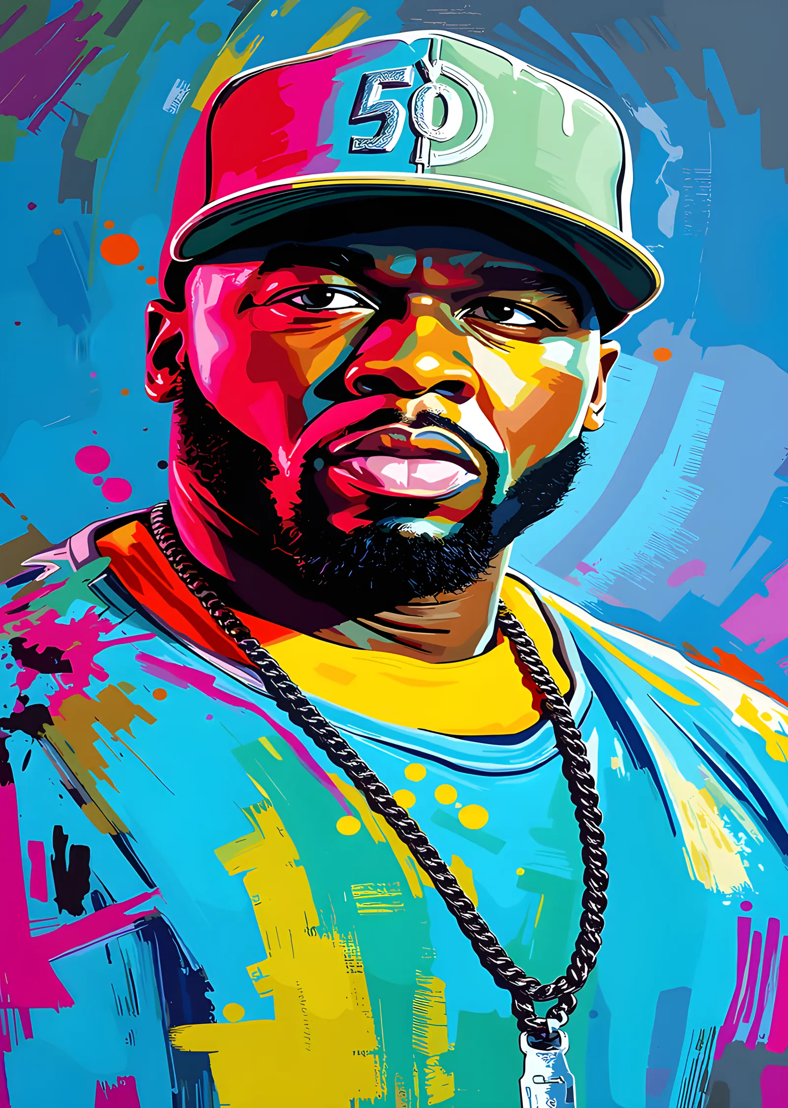 50 Cent - Renk Bloklu Şapkalı Portre metal tablo