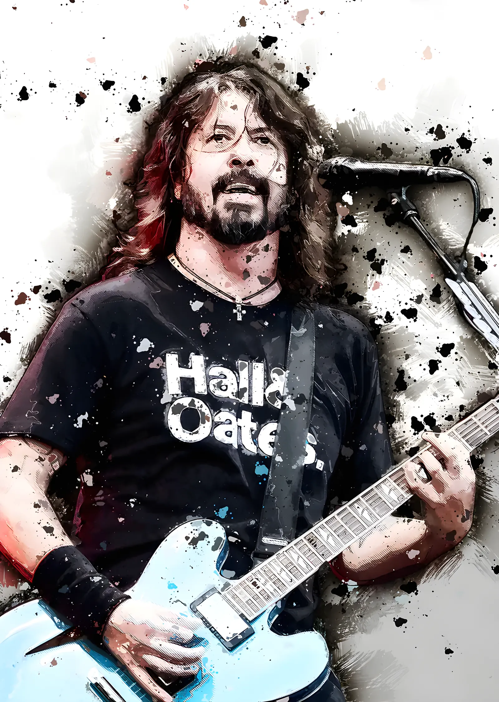 Dave Grohl - Beyaz Zeminde Sıçramalı Portre metal tablo