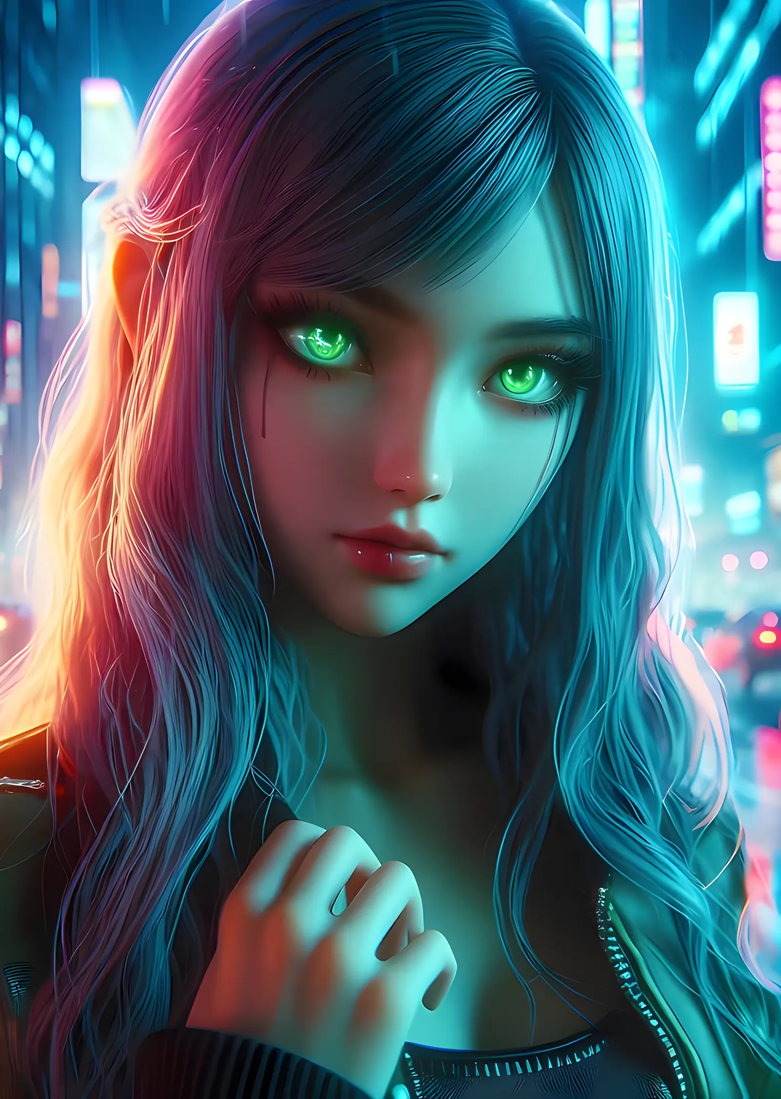 Neon Işıkta Yeşil Gözlü Anime Portre metal tablo
