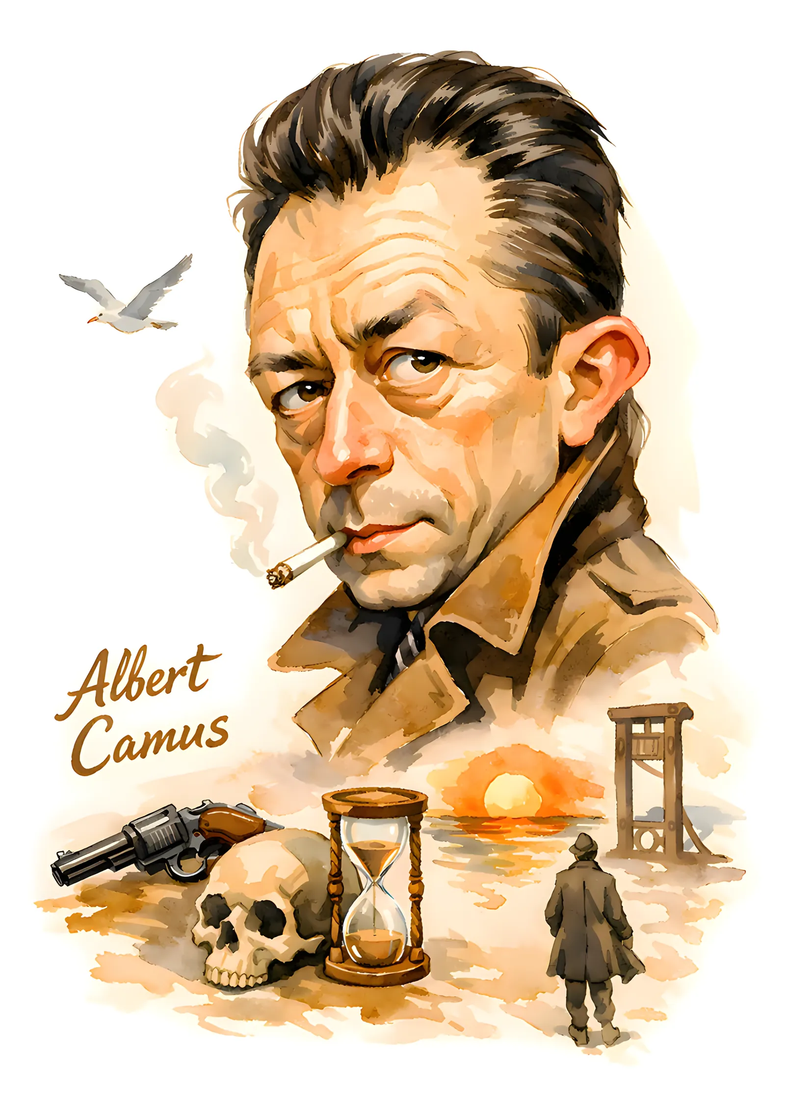 Albert Camus Suluboya Portre metal tablo