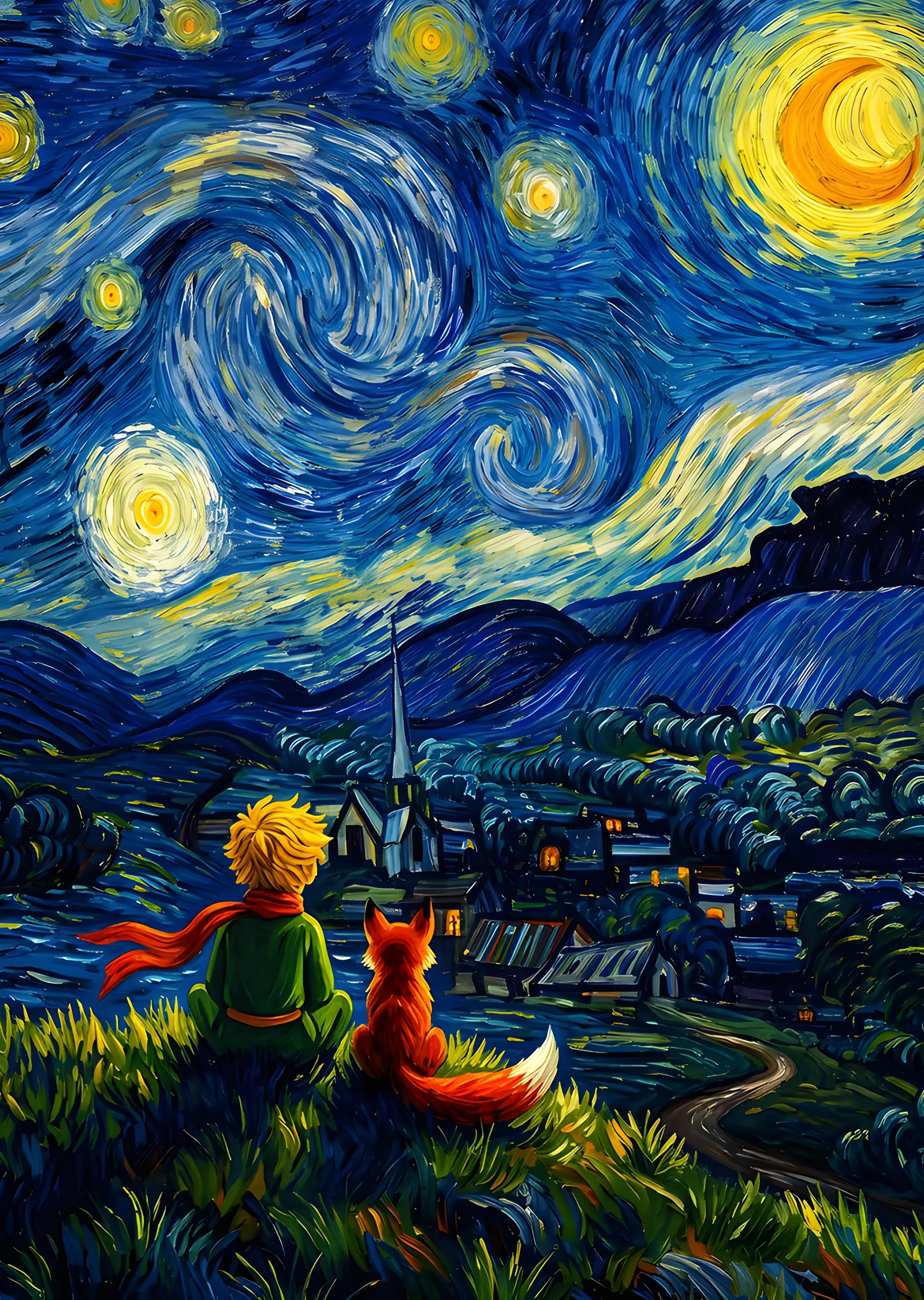 The Little Prince - Kilise Kulesi ve Köy metal tablo