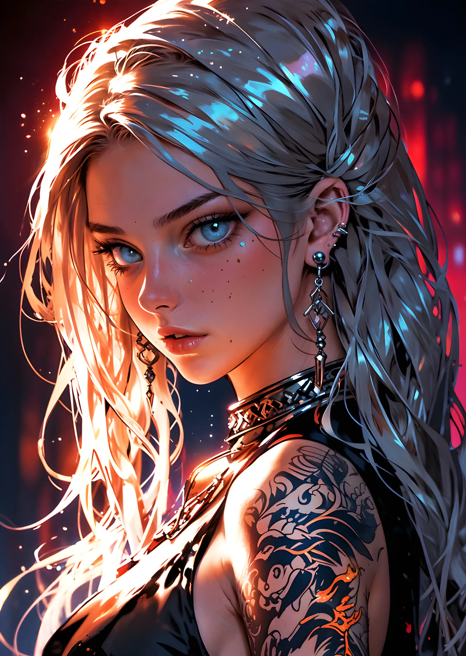 Gümüş Saçlı Dövmeli Anime Kız metal tablo