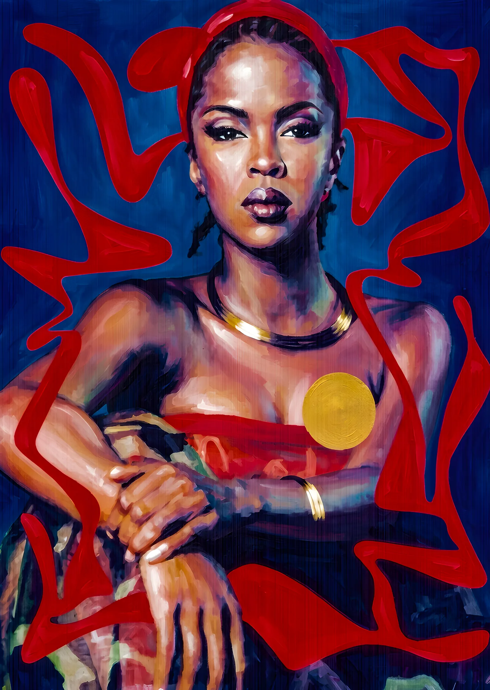Lauryn Hill - Mavi Kırmızı Boyalı Portre metal tablo
