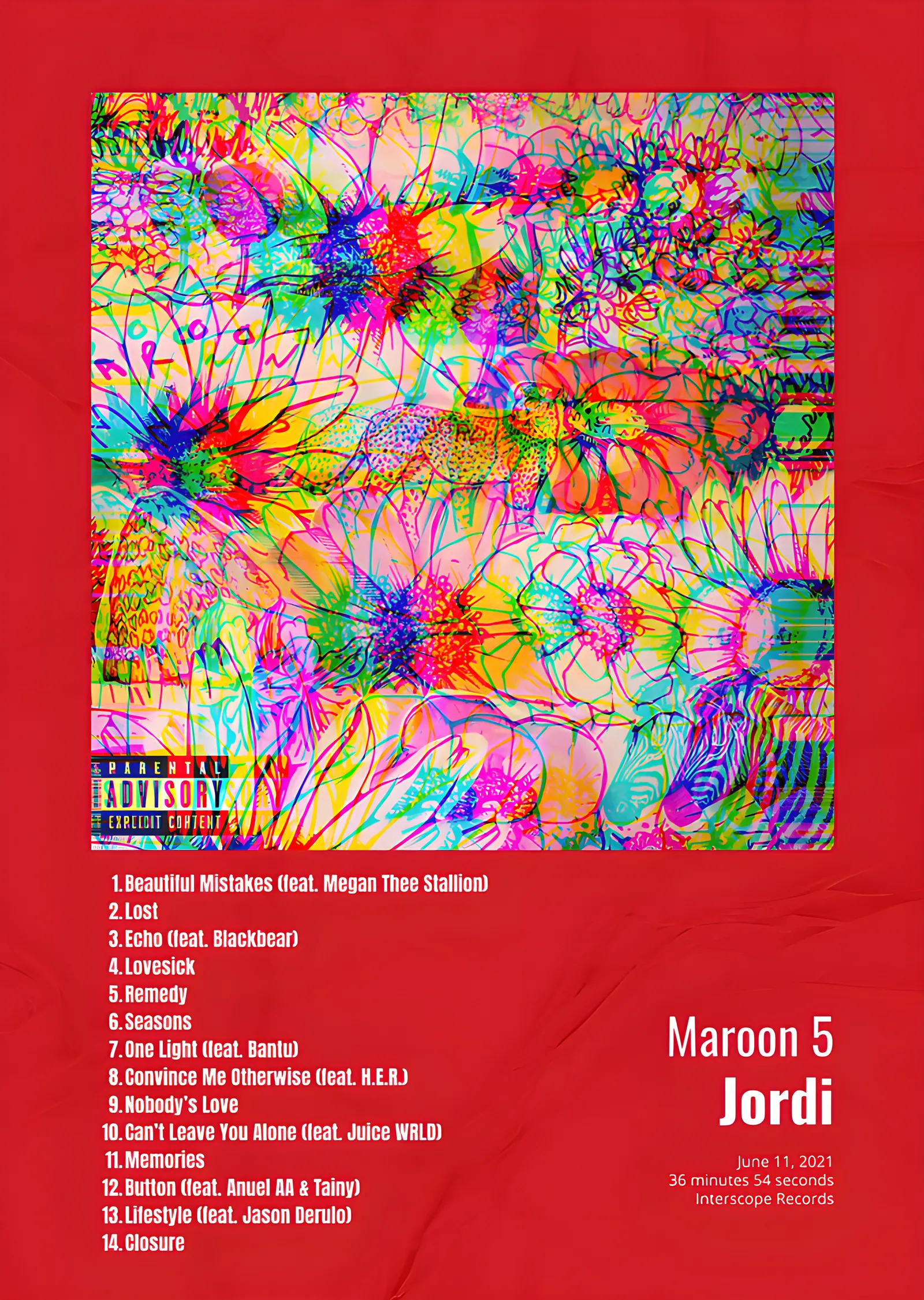 Maroon 5 - Jordi Şarkı Listesi metal tablo