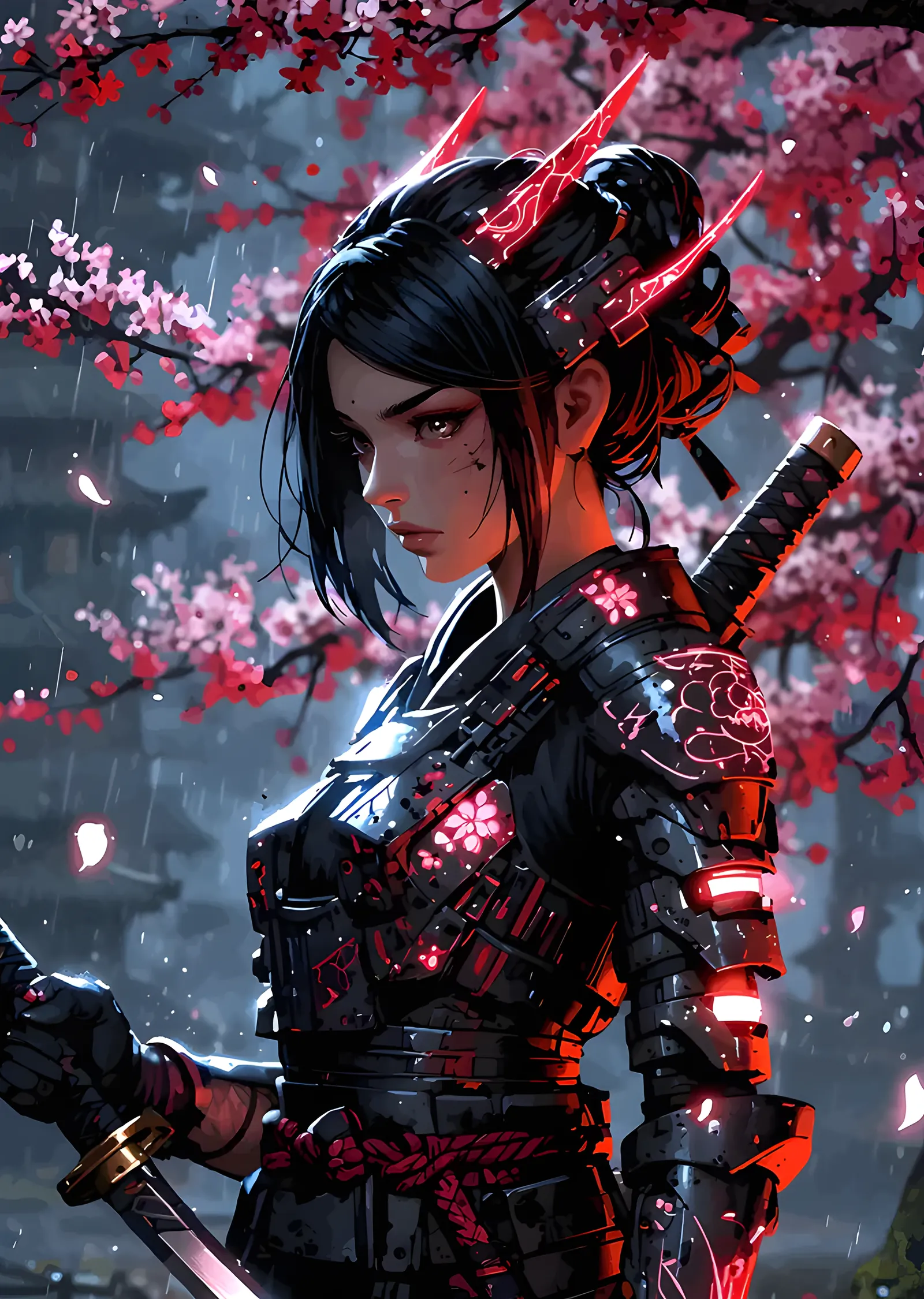 Kiraz Dallarının Altında Zırhlı Anime Figürü metal tablo