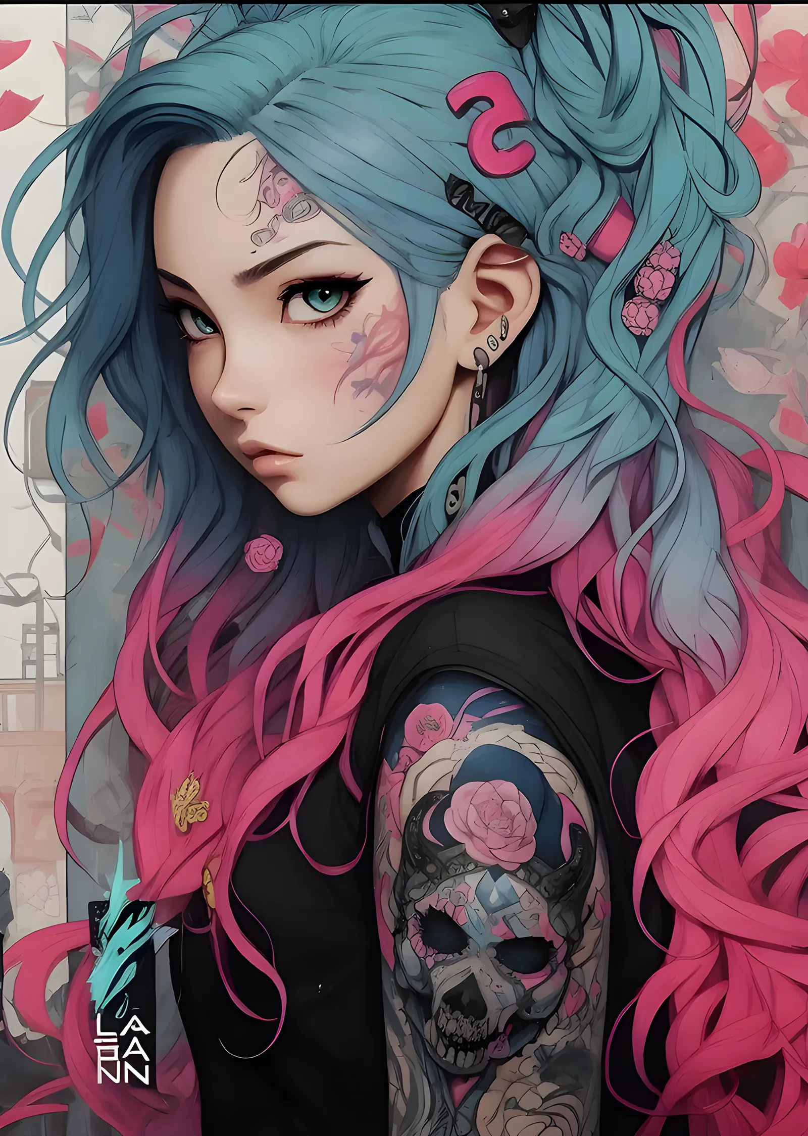 Pembe Turkuaz Saçlı Dövmeli Anime Portre metal tablo