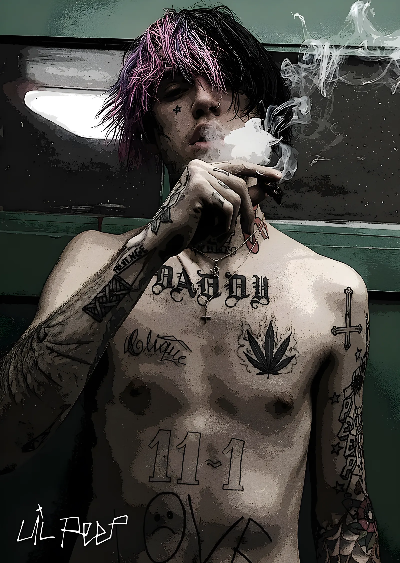 Lil Peep - Duman İçinde Dövmeli Portre metal tablo