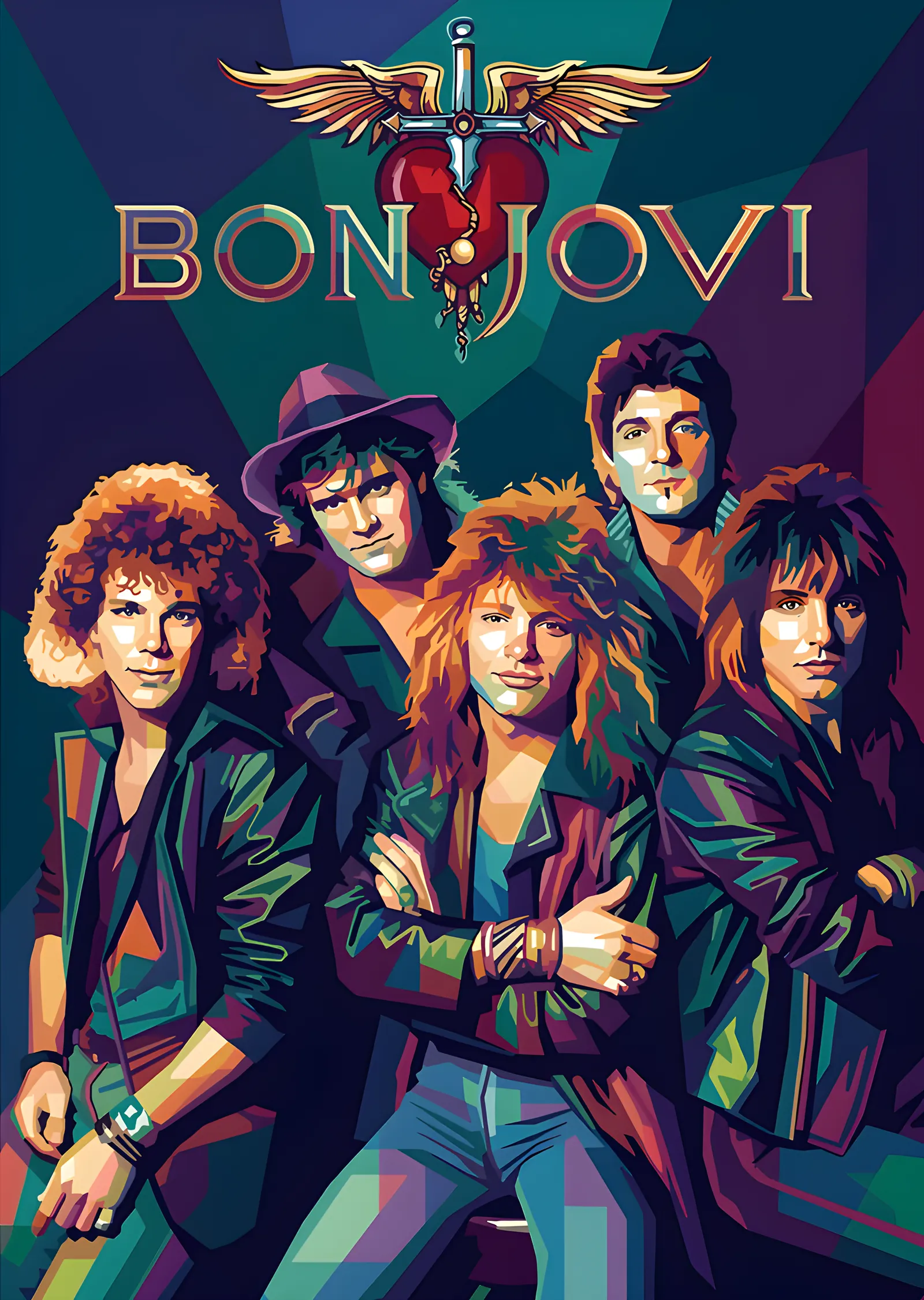 Bon Jovi - Renk Bloklu Grup Portresi metal tablo