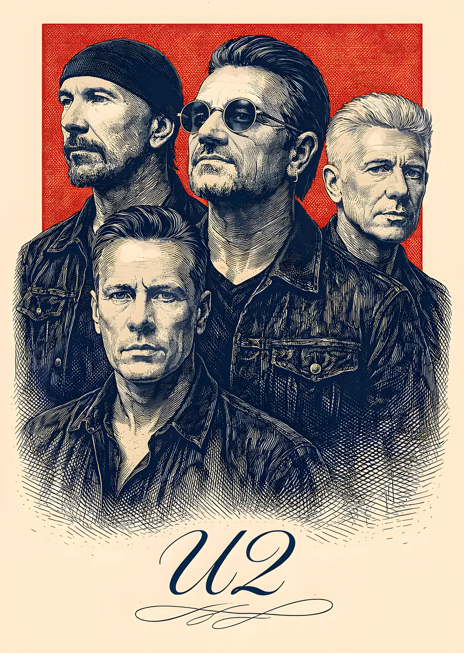 U2 - Krem Zeminde Gravür Karesi metal tablo