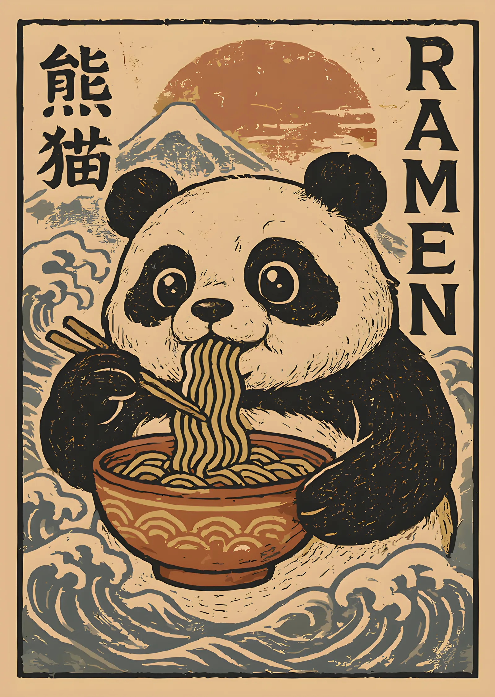 Ramen Yiyen Panda - Japon Baskı Tarzı metal tablo