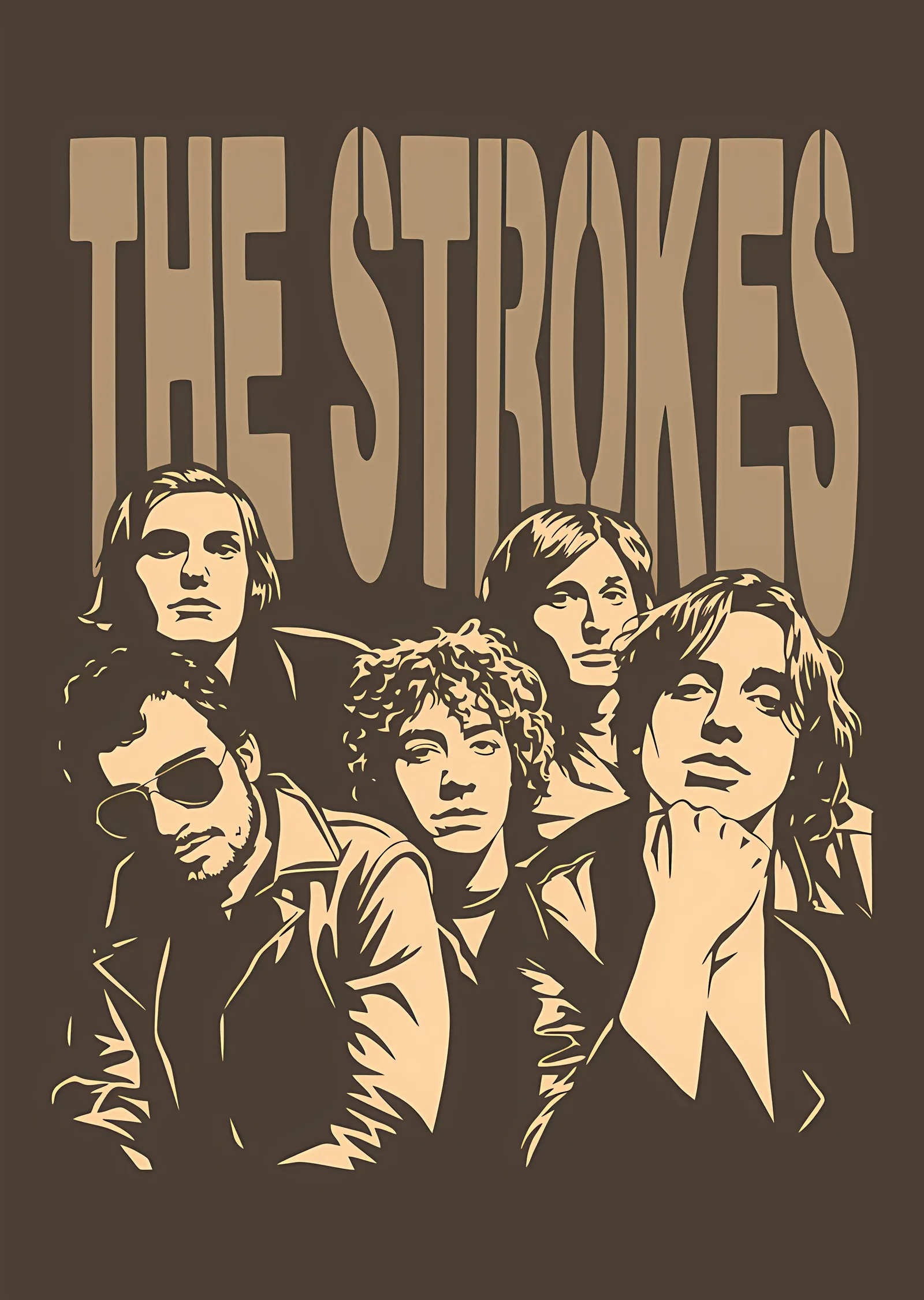 The Strokes - Bej Zeminde Grup Çizimi metal tablo