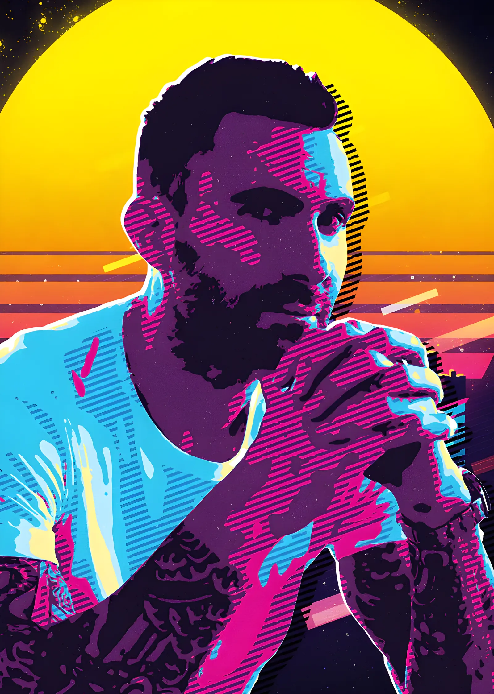 Adam Levine - Mor Sarı Retro Portre metal tablo