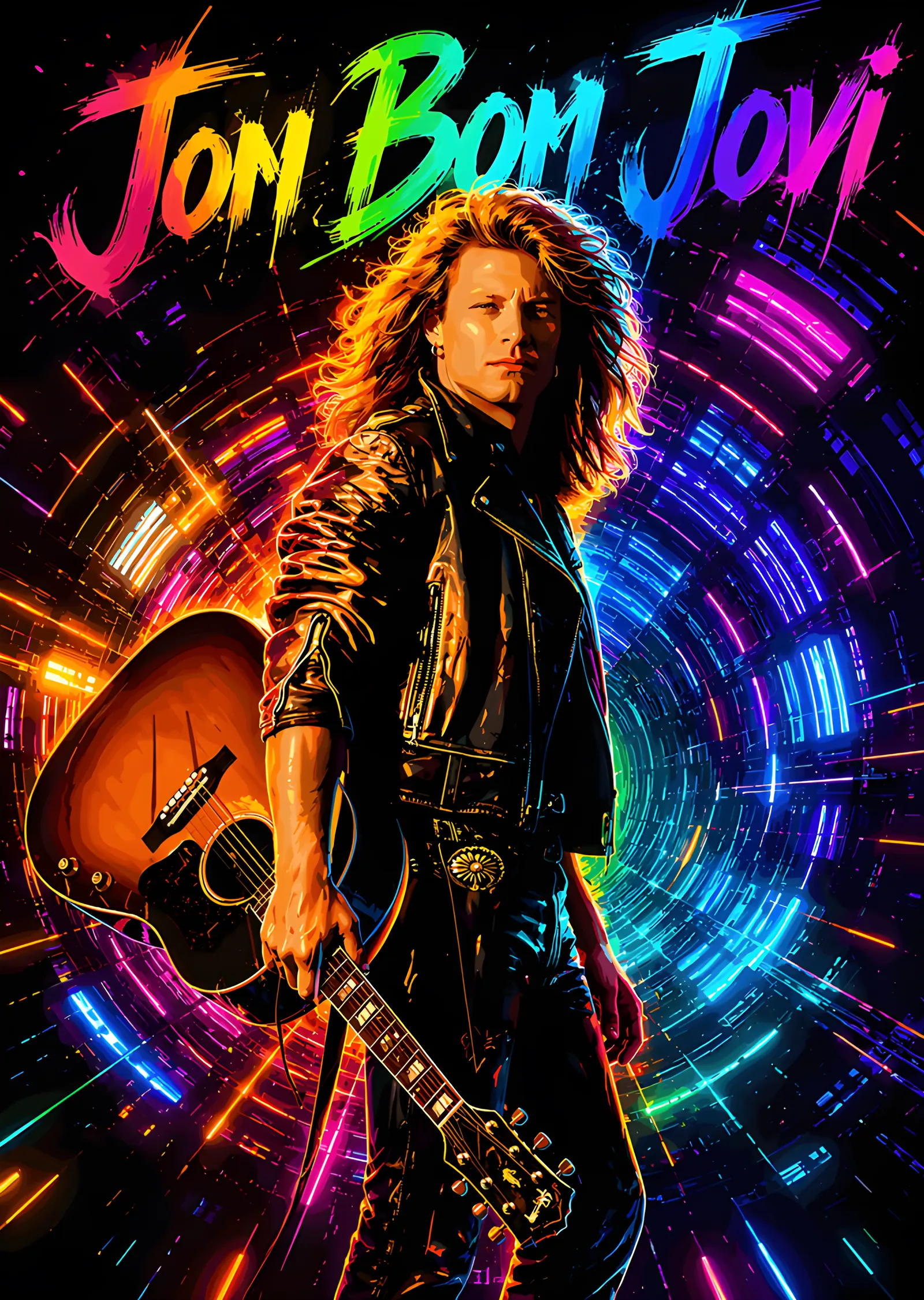 Jon Bon Jovi - Neon Halkalı Gitar Portresi metal tablo