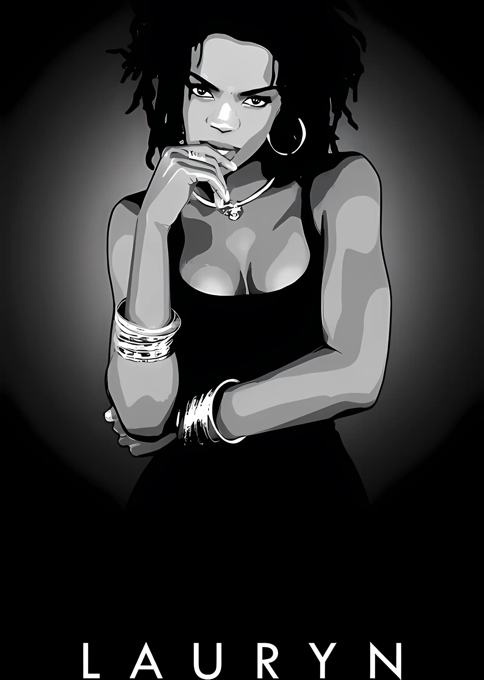 Lauryn Hill - Siyah Beyaz Bilezikli Portre metal tablo