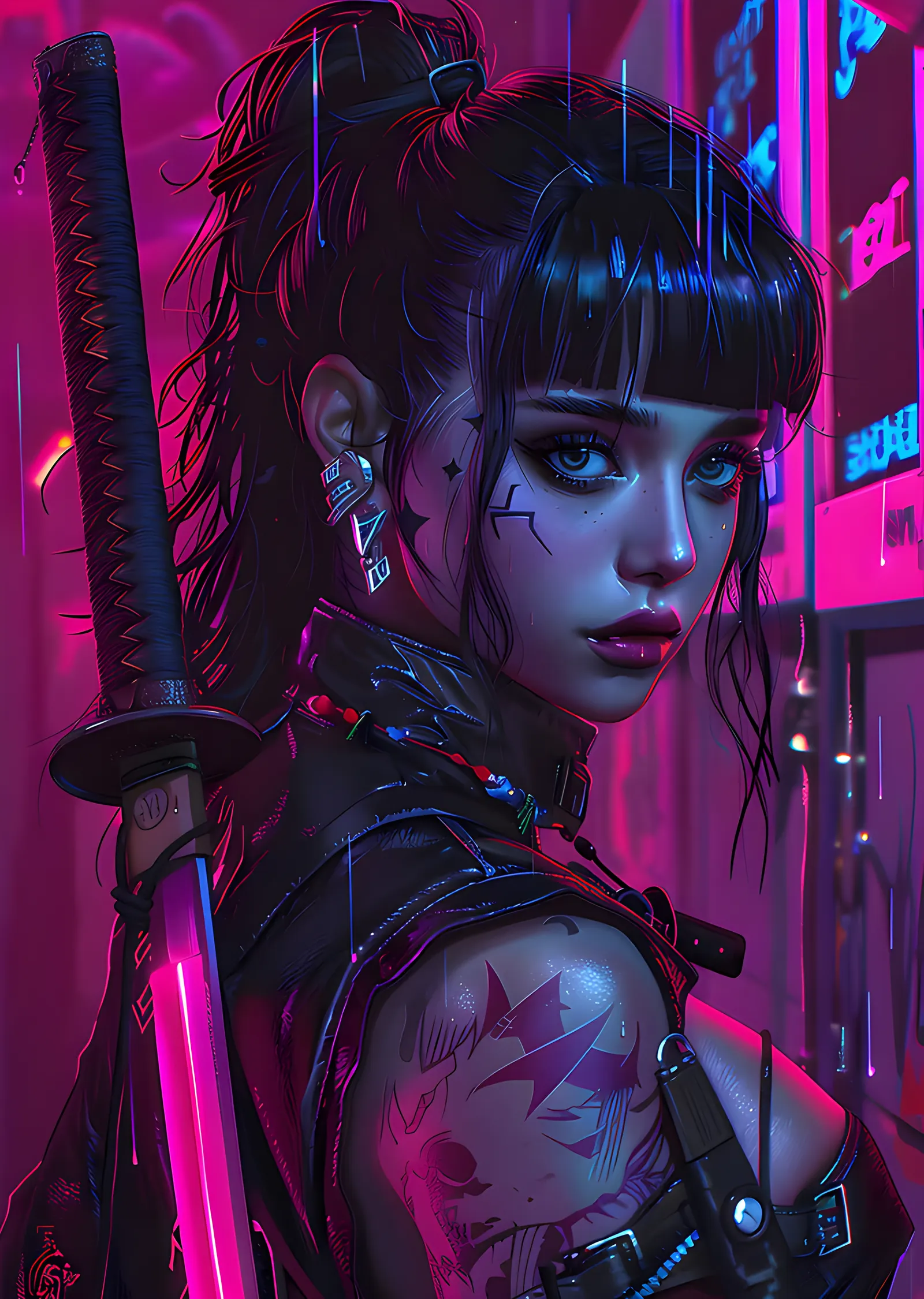 Neon Sokakta Katanalı Anime Portre metal tablo