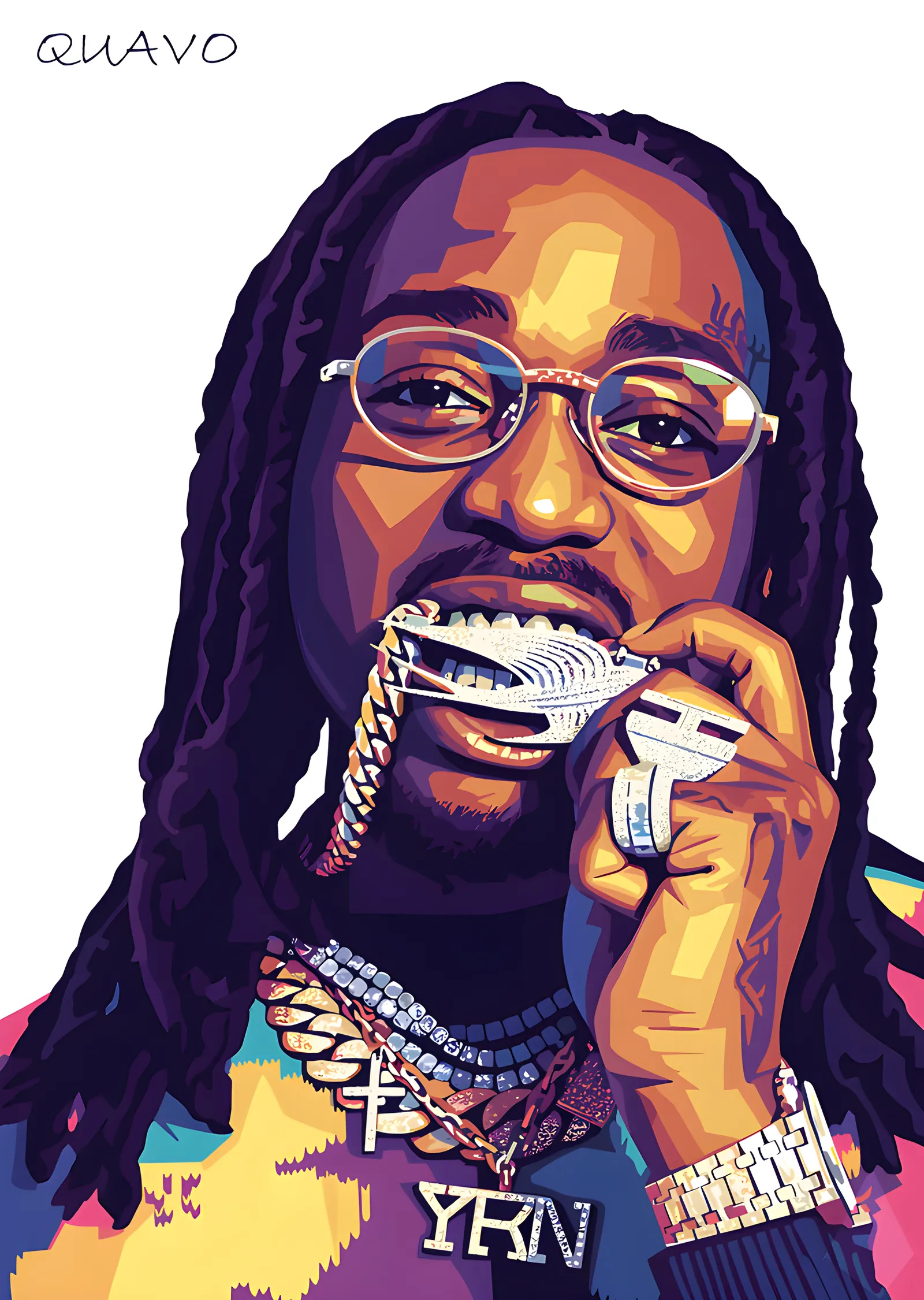 Quavo - Beyaz Zeminde Vektör Portre metal tablo