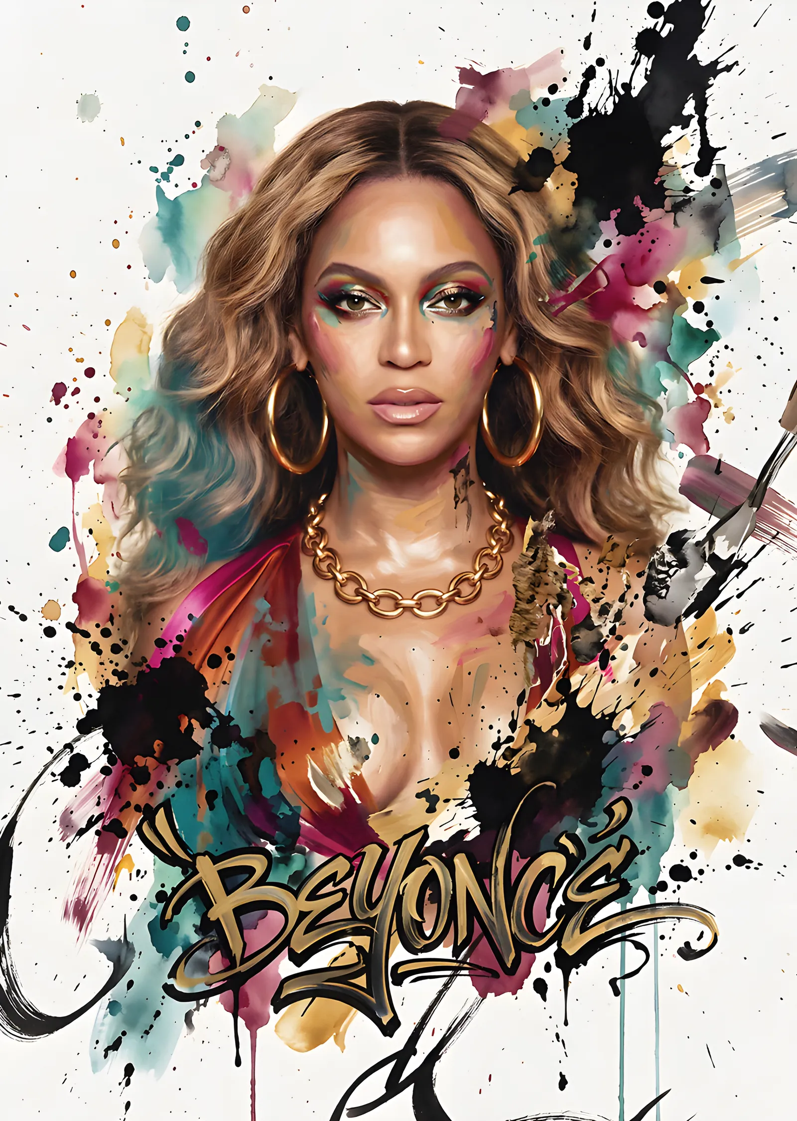 Beyoncé - Renk Sıçramalı Portre metal tablo