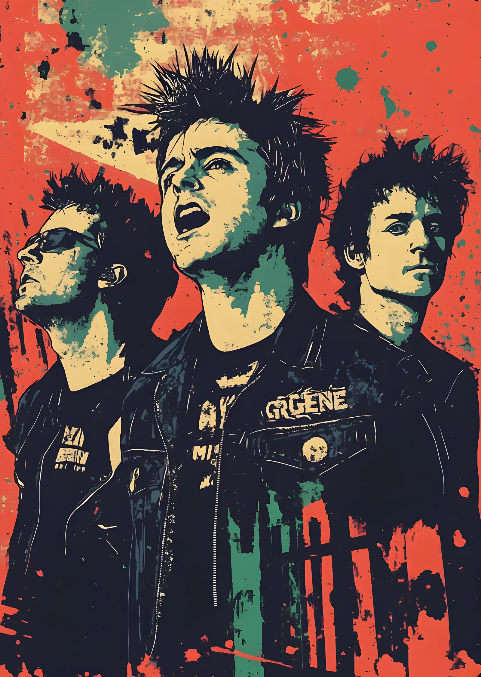 Green Day - Kırmızı Zeminde Üçlü İllüstrasyon metal tablo