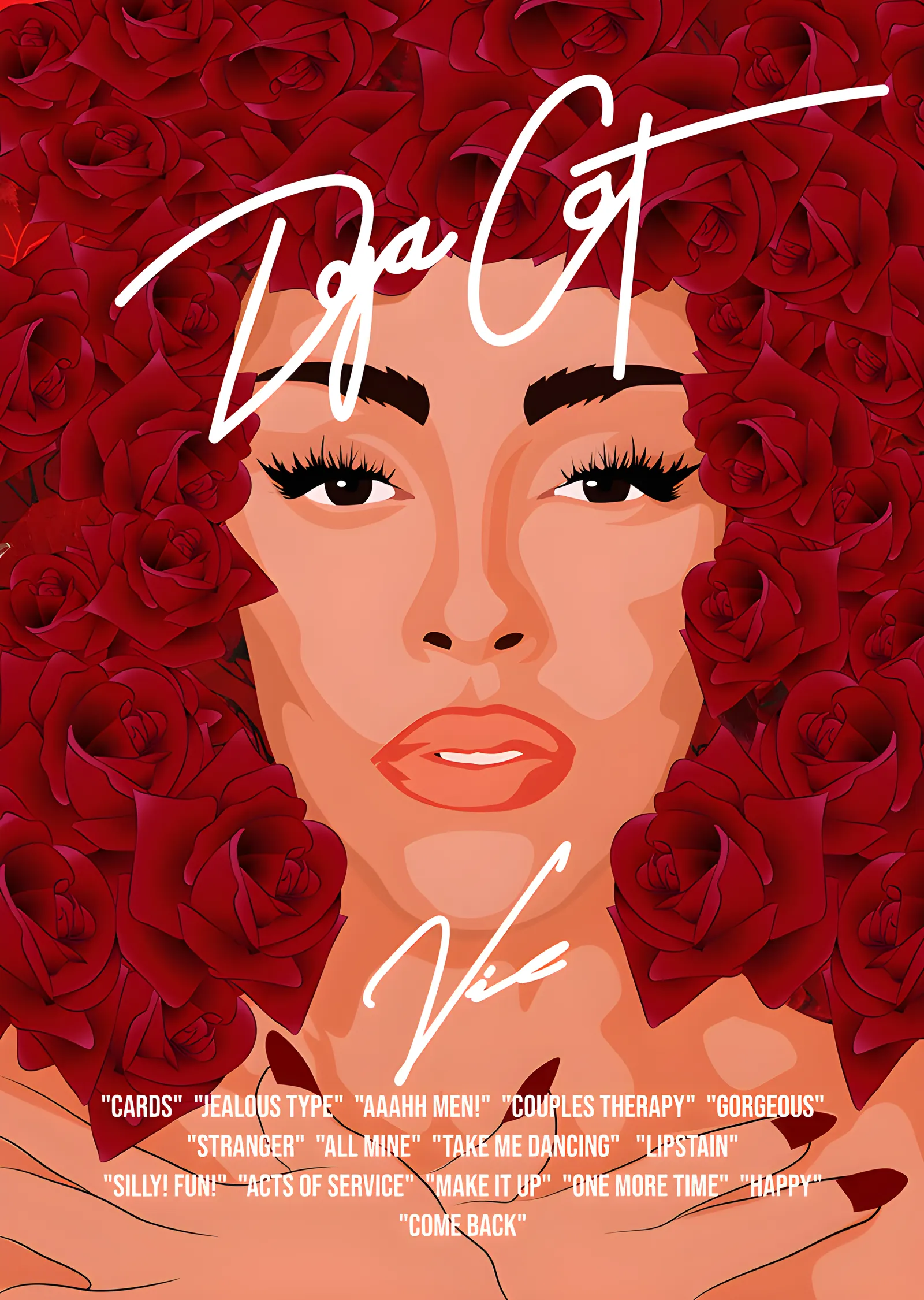 Doja Cat - Kırmızı Güller ve Şarkı Adları metal tablo