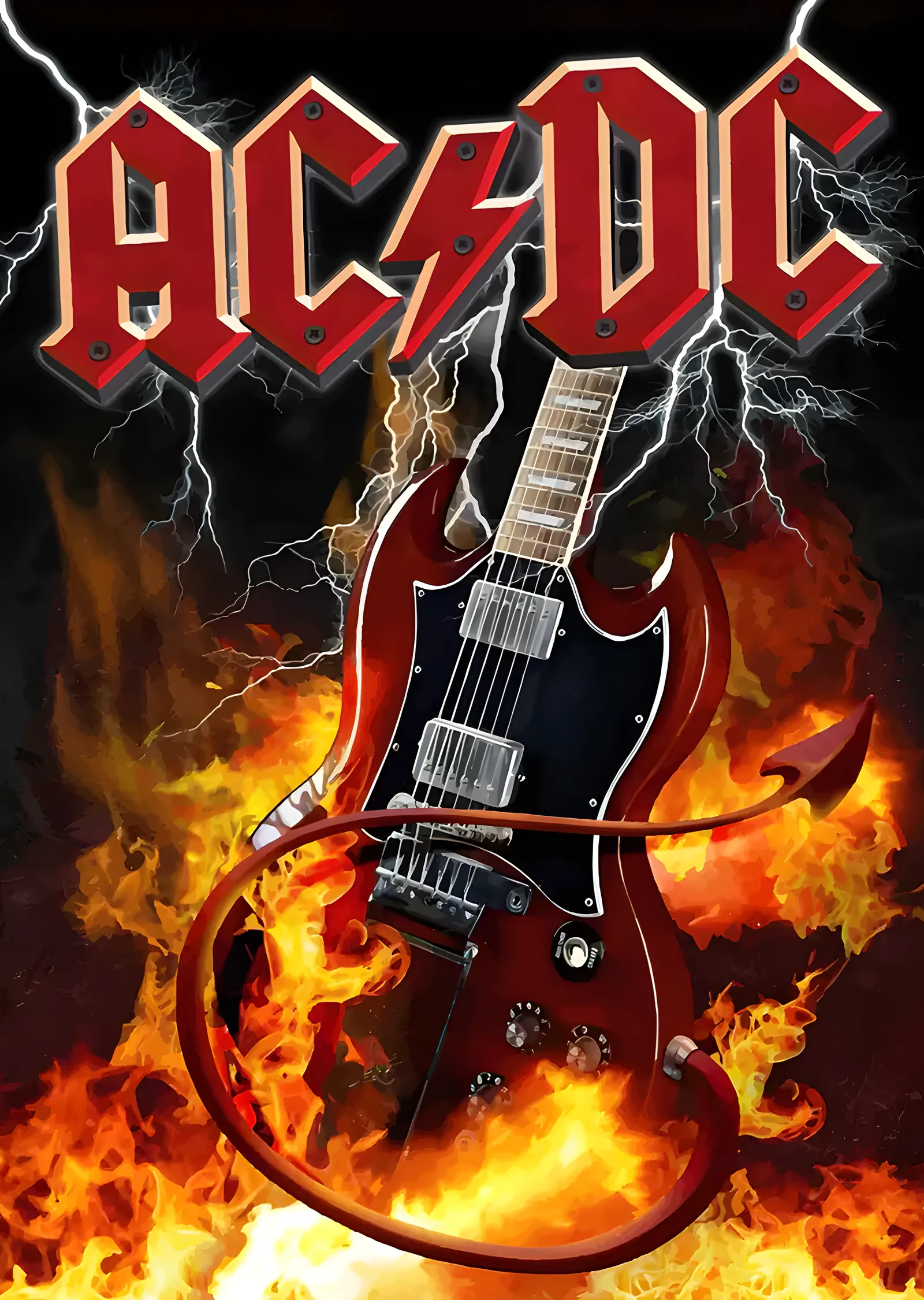 AC/DC - Alevler İçinde Kırmızı Gitar metal tablo
