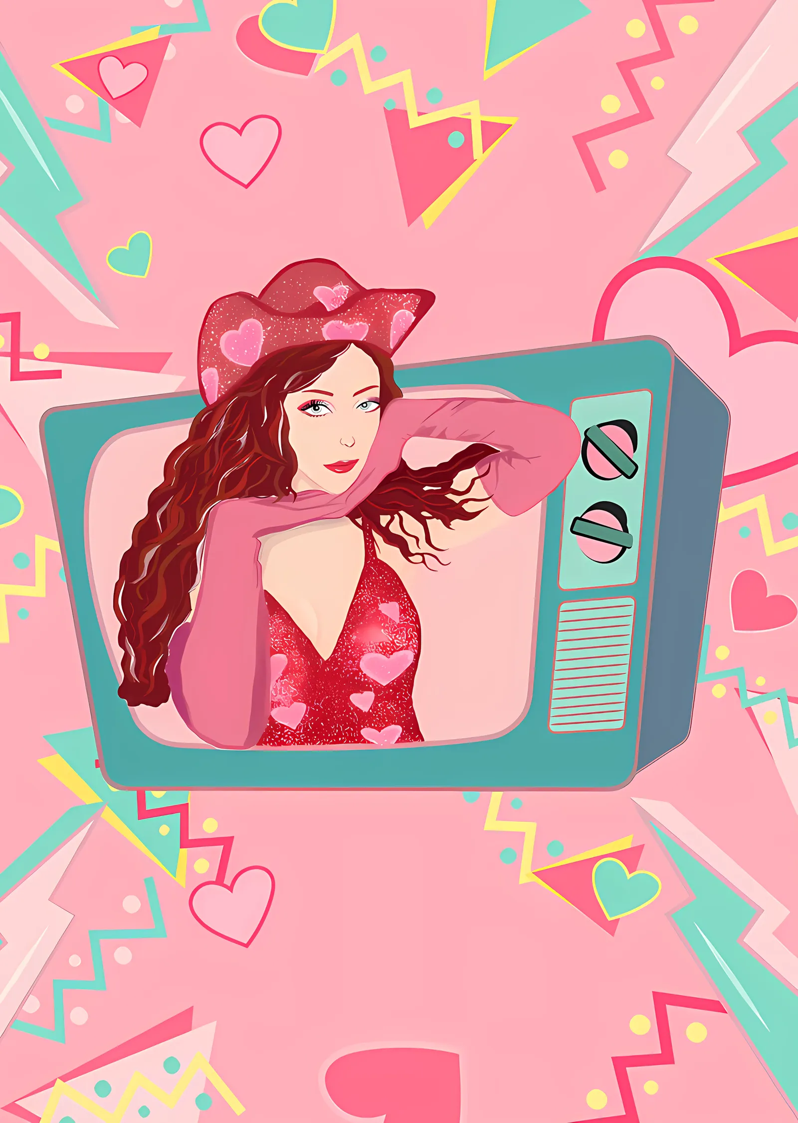 Retro Televizyonda Kızıl Saçlı Kadın metal tablo