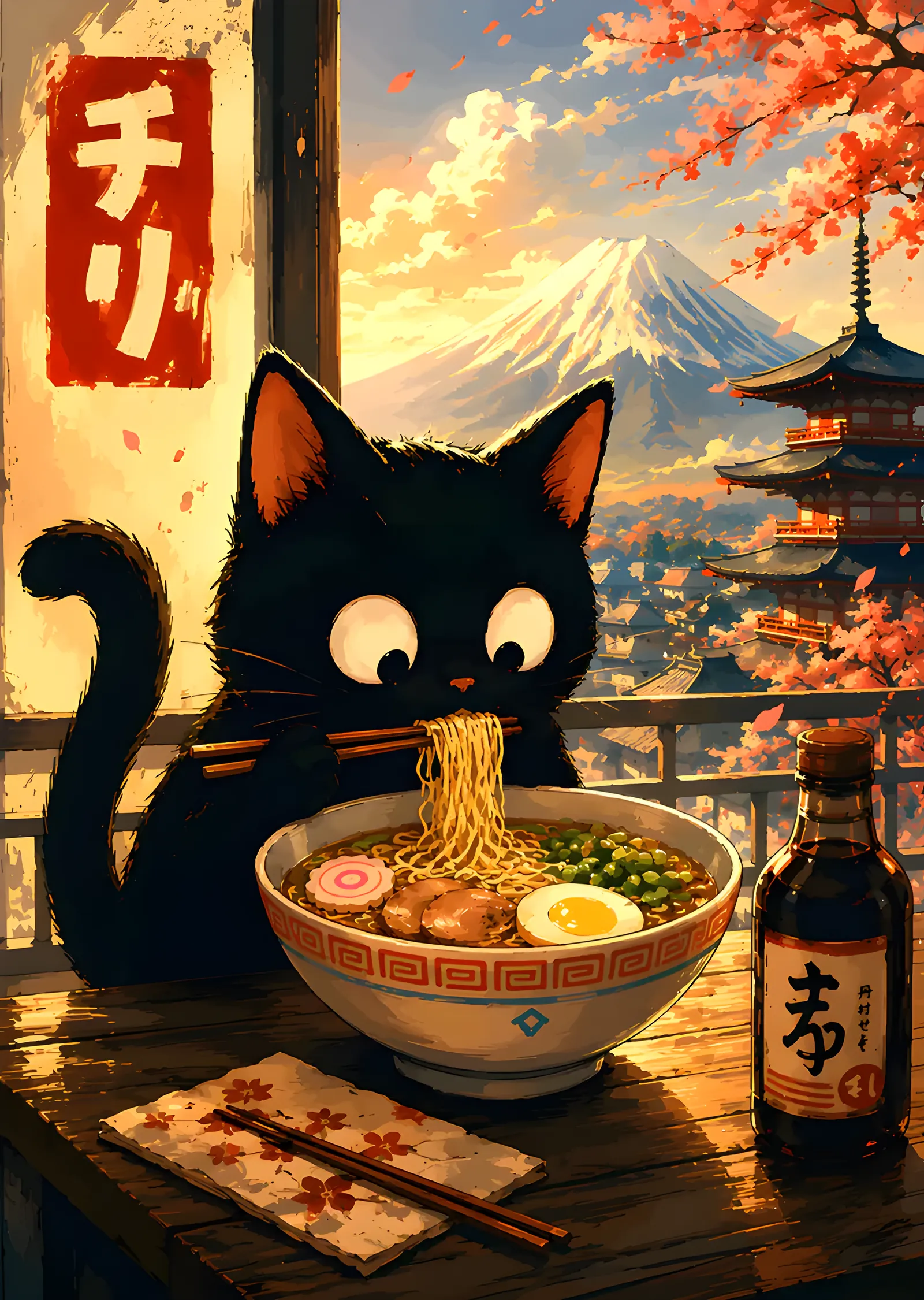 Fuji Manzarasında Ramen Yiyen Kedi metal tablo