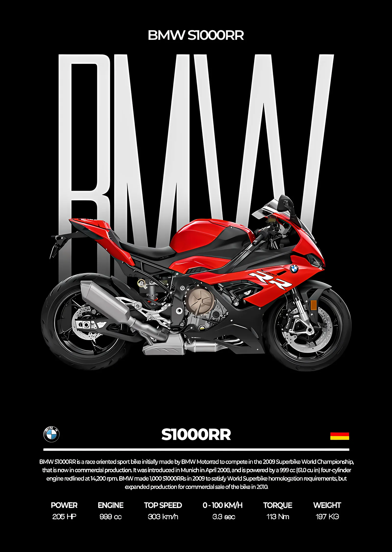 BMW S1000RR - Kırmızı Gövde Koyu Zemin metal tablo